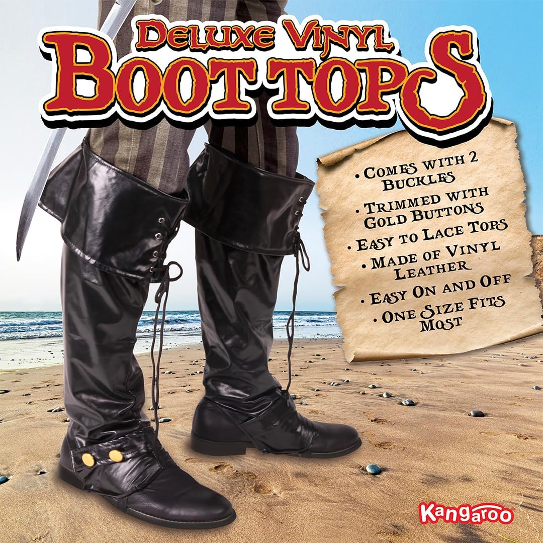 Kangaroo 1 Pair of Deluxe Black Pirate Boots Covers - Adjustable Faux Leather Costume Shoe Covers - Reusable Dress up Pirate Accessories Men, New Year Eve, Easter Costume Theme, Party Favors - Image 2