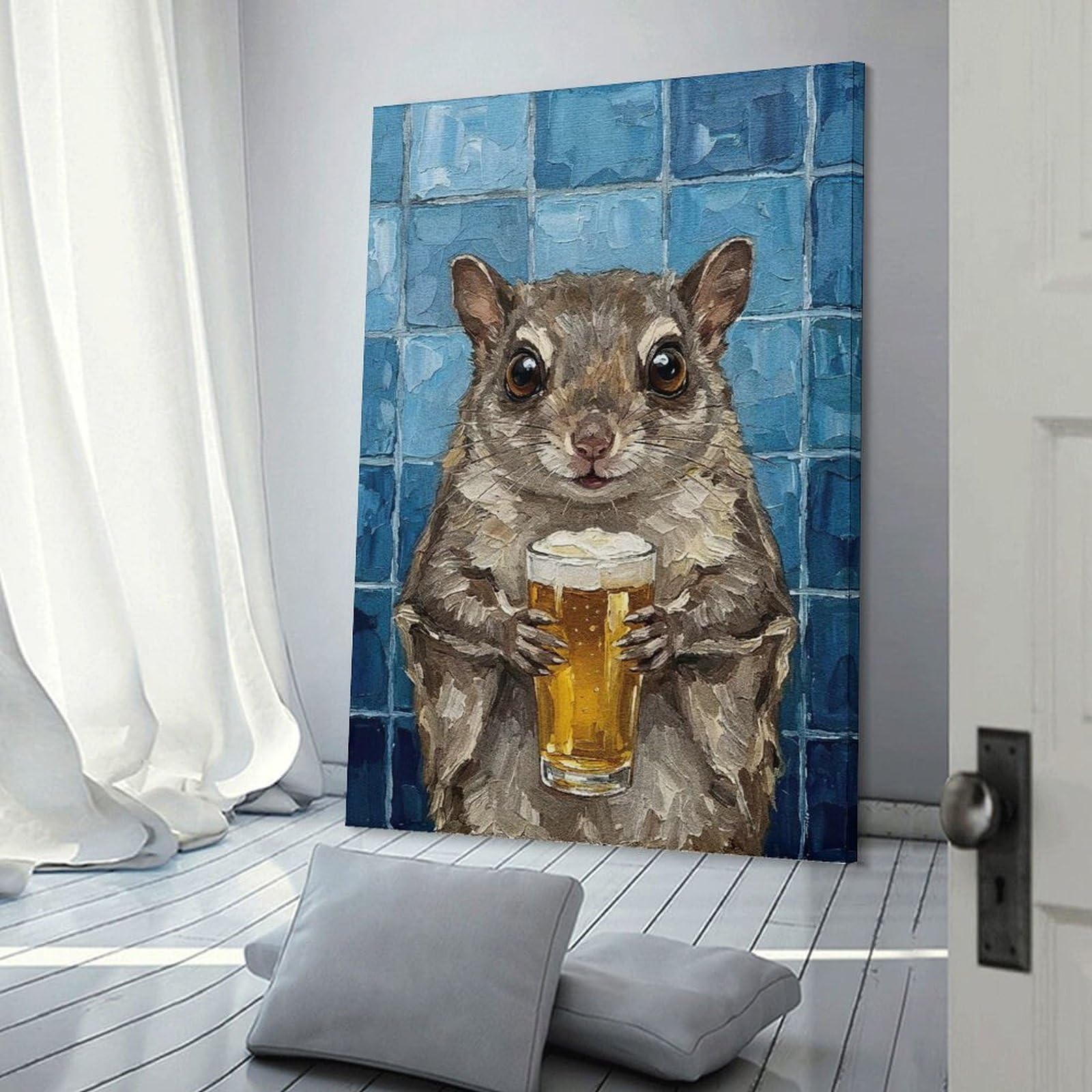 Junmoney Frame-Style-13 Squirrel With Beer Painting Canvas Wall Art 24X36inch(60X90cm), For Office Decor, Home Working Or Creative Rooms, Wall Art That Adds Style To Work Areas