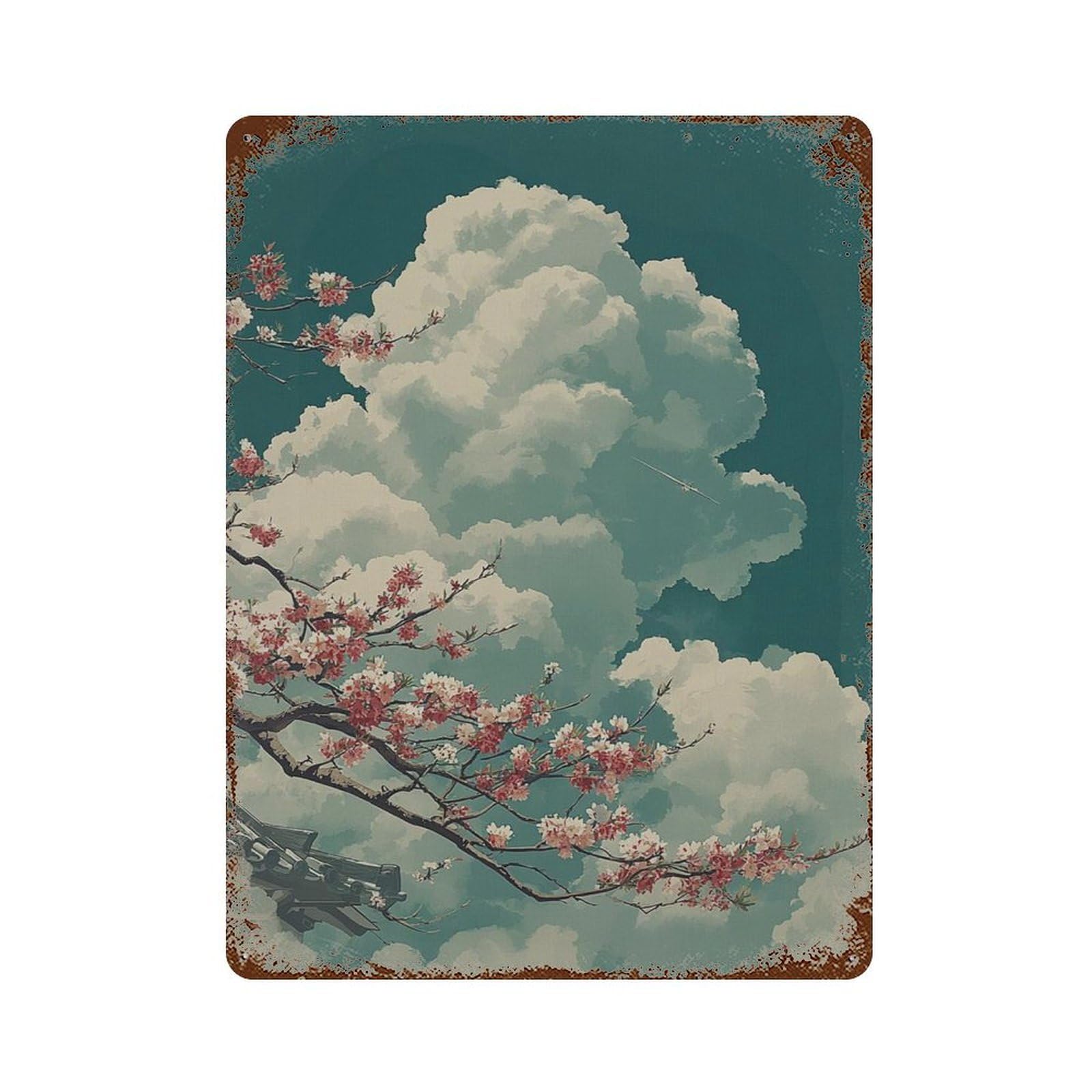xiaoxiaoshen Sakura Branch Cherry Blossom Japanese Sky Wall Decor Art Metal Tin Poster Modern Home Decor Art Home Bar Shop Decorations Vintage Sign 40x30cm