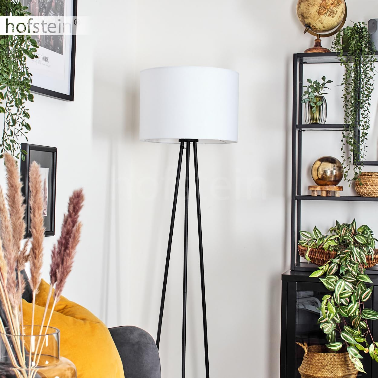 Stehleuchte Bassagoda, Stehlampe aus Metall/Stoff in Schwarz/Weiß, Leuchte im modernen Design mit rundem Schirm (Ø 40 cm) u. Fußschalter, Höhe 152 cm, 1 x E27, ohne Leuchtmittel