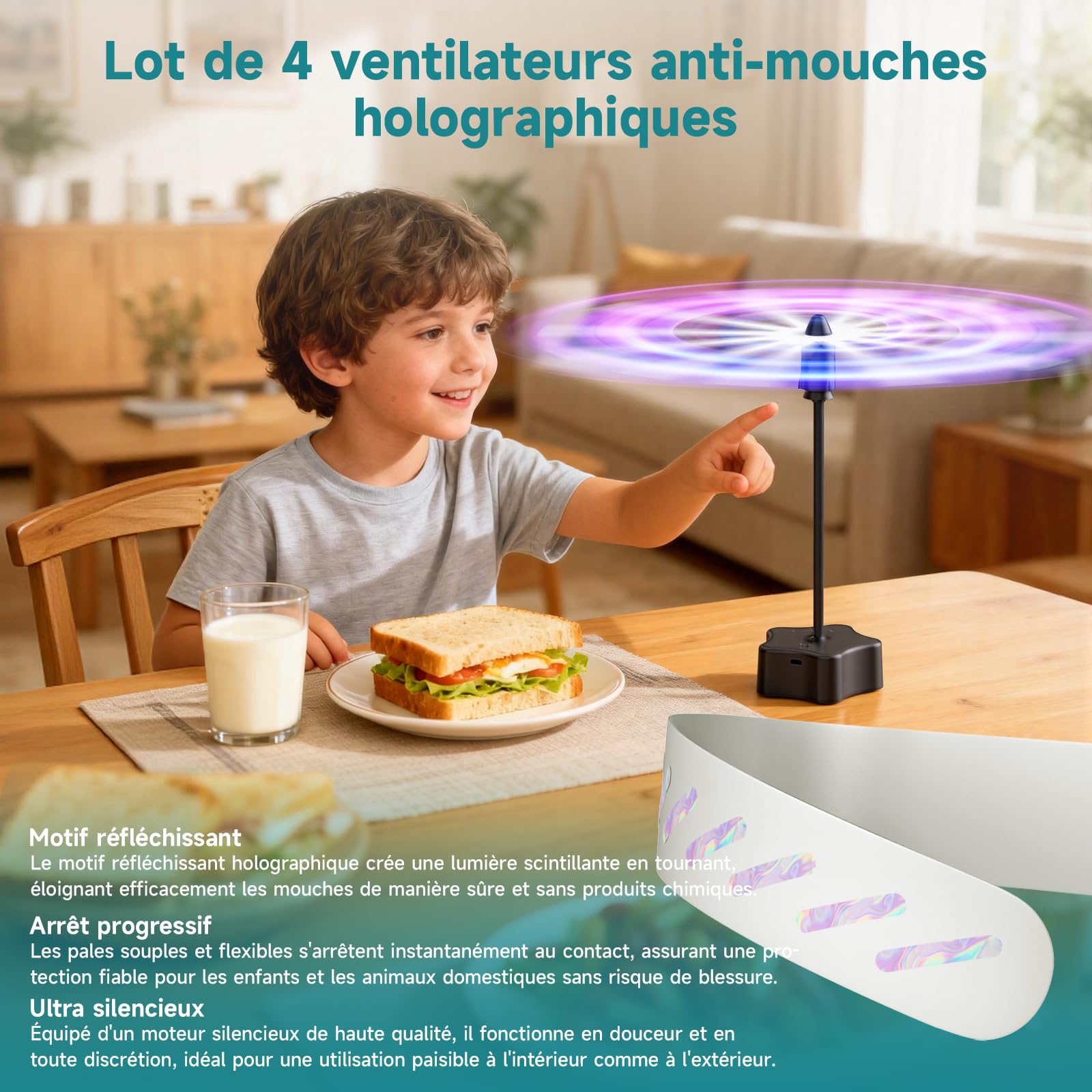 Ventilateur Anti-Mouches 4 Pièces, Rechargeable par USB, Ventilateur Portable pour Terrasse, Jardin, Restaurant, Pique-Nique – Protection Efficace Contre Les Insectes Volants
