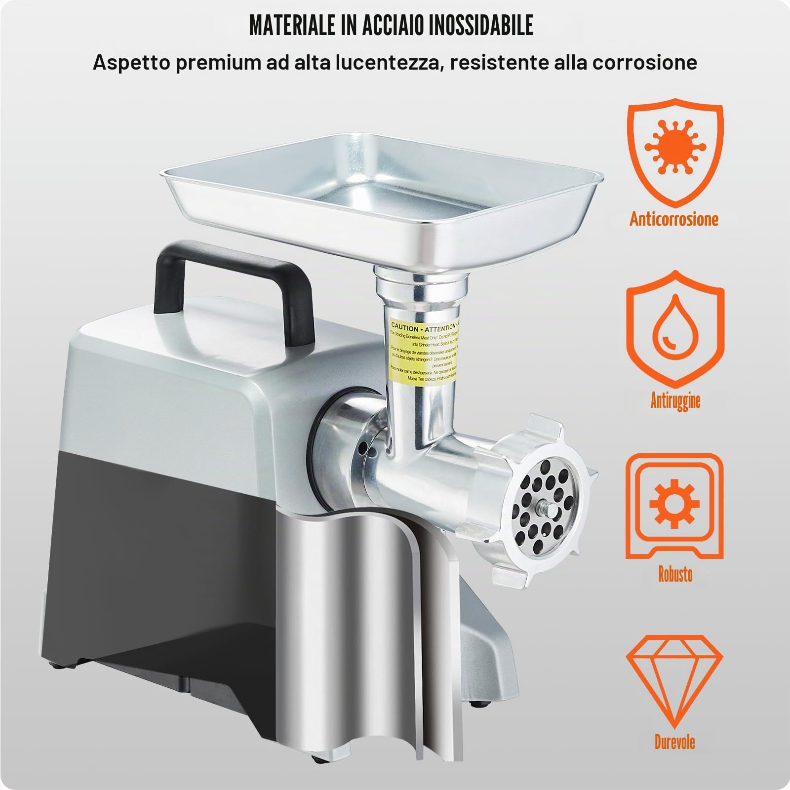 VEVOR Tritacarne Elettrico Industriale con Lama Capacità 2,27 kg/min, 575 W (800 W MAX), Piastra di Macinazione, Lama per Insaccare Salsicce e 3 Tubi, Tritacarne Alluminio 440 x 200 x 300 mm
