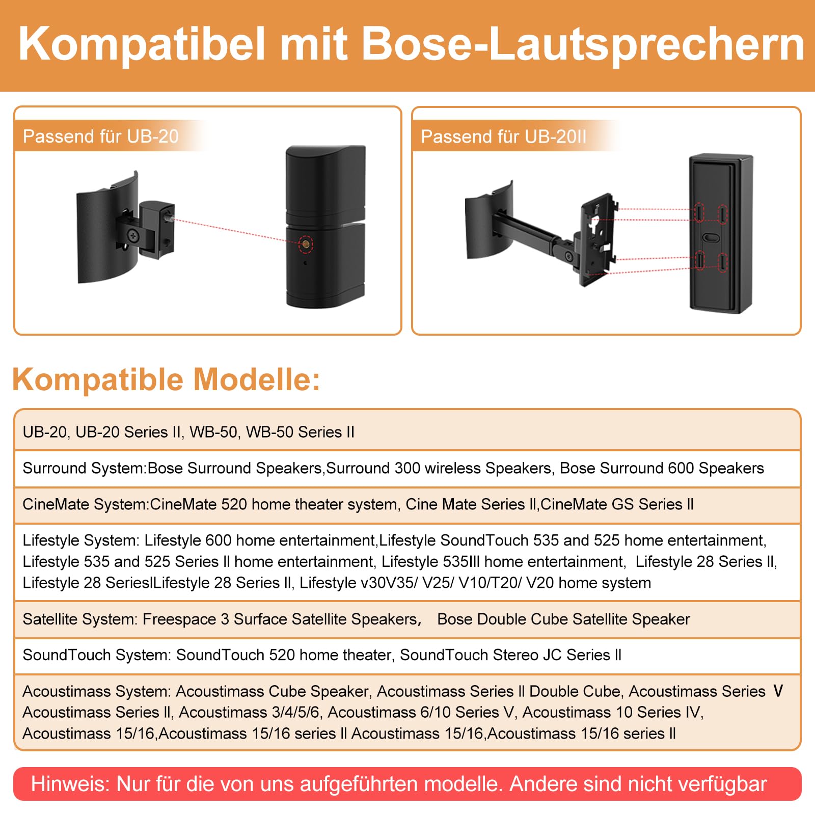 Lot de 2 supports muraux et de plafond pour haut-parleurs Bose UB-20, UB-20 Series II, WB-50 II, Lifestyle Serie, Soundtouch, angle réglable, noir