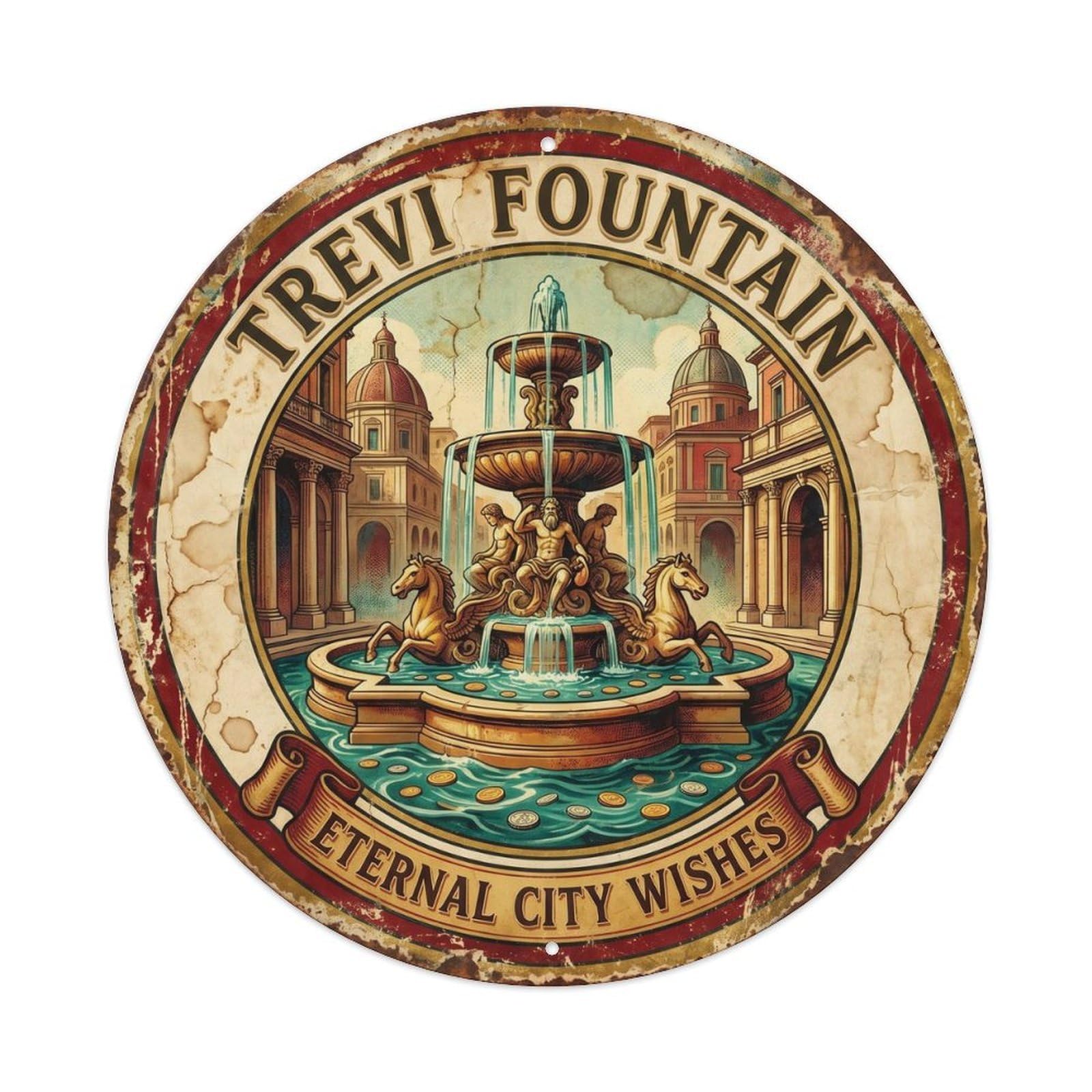 Vintage Travel Trevi Fountain Italy Wishes Metal Tin Sign Plaque Wall Decor for Cafe, Club, Garden Round Metal Poster 8x8Inch