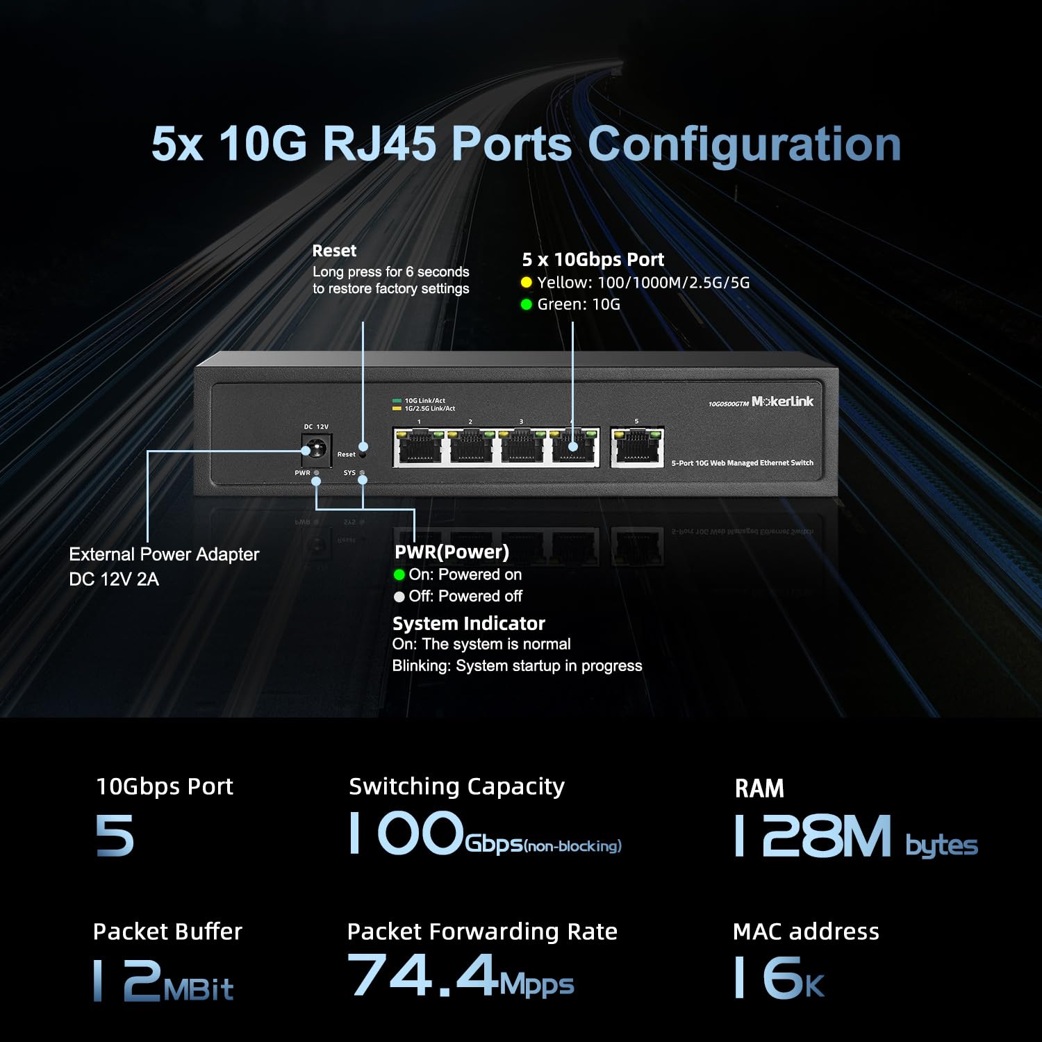 MokerLink 5 Port 10Gbps Managed Switch, 5x10G RJ45 Ethernet Ports, 10G/5G/2.5G/1000M/100Mbps, 100Gbps Bandbreite, Metall L2 Web Managed Netzwerk Switch