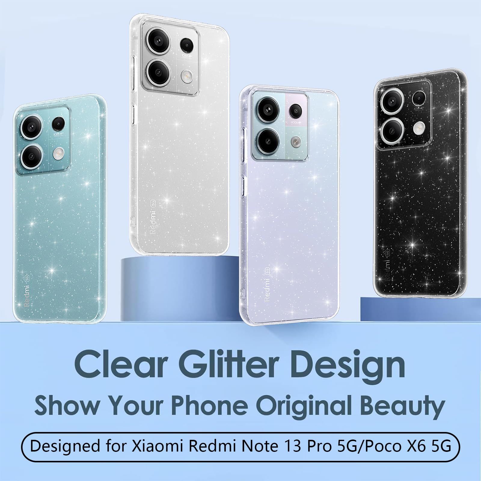 Brokat etui do Xiaomi Redmi Note 13 Pro 5G/Poco X6 5G 6,67 cala z 2 folią ochronną ze szkła hartowanego, estetyczne, odporne na wstrząsy błyszczące etui, miękki silikon TPU, przezroczysty