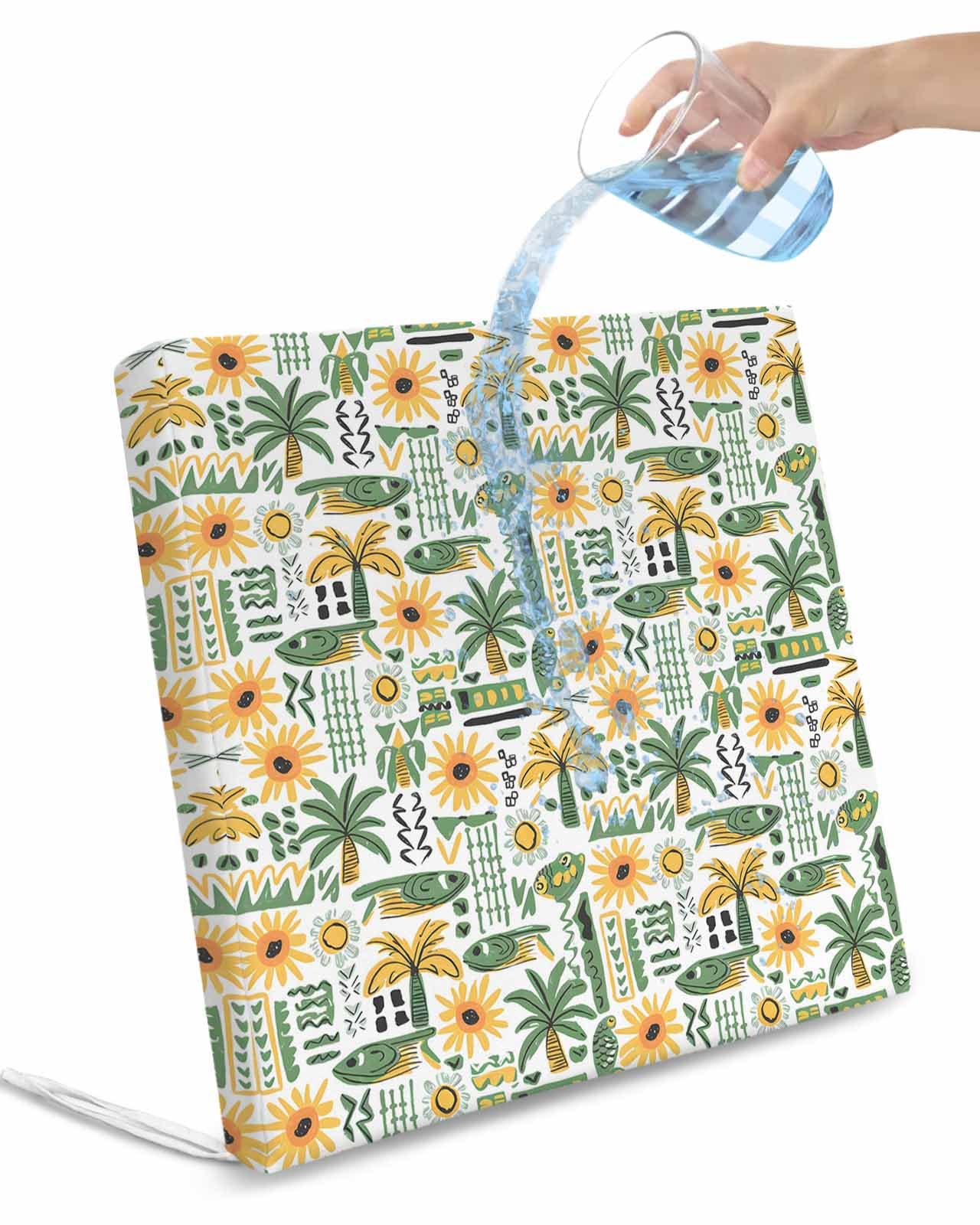 2 Pack Flowers Palm Tree Waterproof Cushion Covers with Ties, Outdoor Patio Chaise Lounge Chair Seat Cushion Slip Covers Replacement(Only Cover) Cartoon Botanical Summer Tropical Plant 22