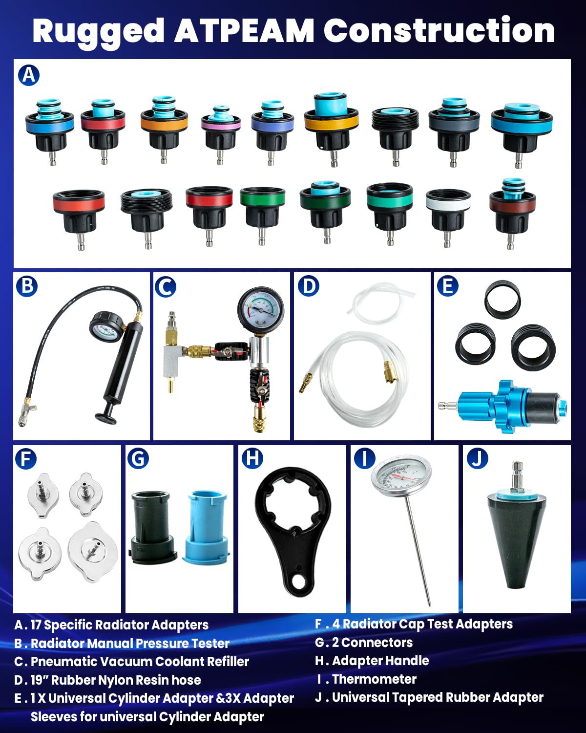 ATPEAM Kit de 34 Piezas para Radiador, Probador de Presión y Sistema de Enfriamiento Universal, Herramienta de Diagnóstico para Fugas en Radiadores y Sistemas de Refrigeración de Vehículos