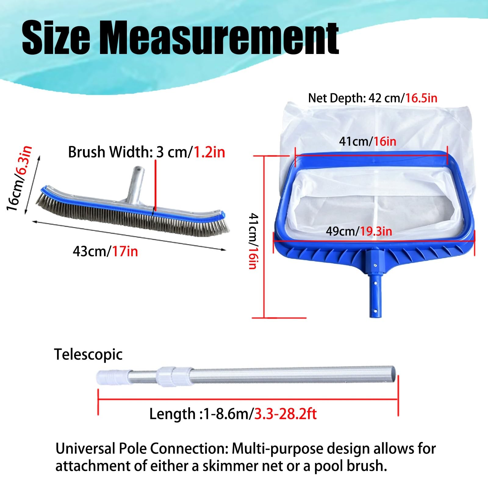 LZMZMQ Kit Pulizia Piscina Kit per La Pulizia della Piscina con Asta Telescopica, Testina E Retino per La Pulizia della Piscina, Attrezzatura per La Cura della Piscina(2.9m/114in)