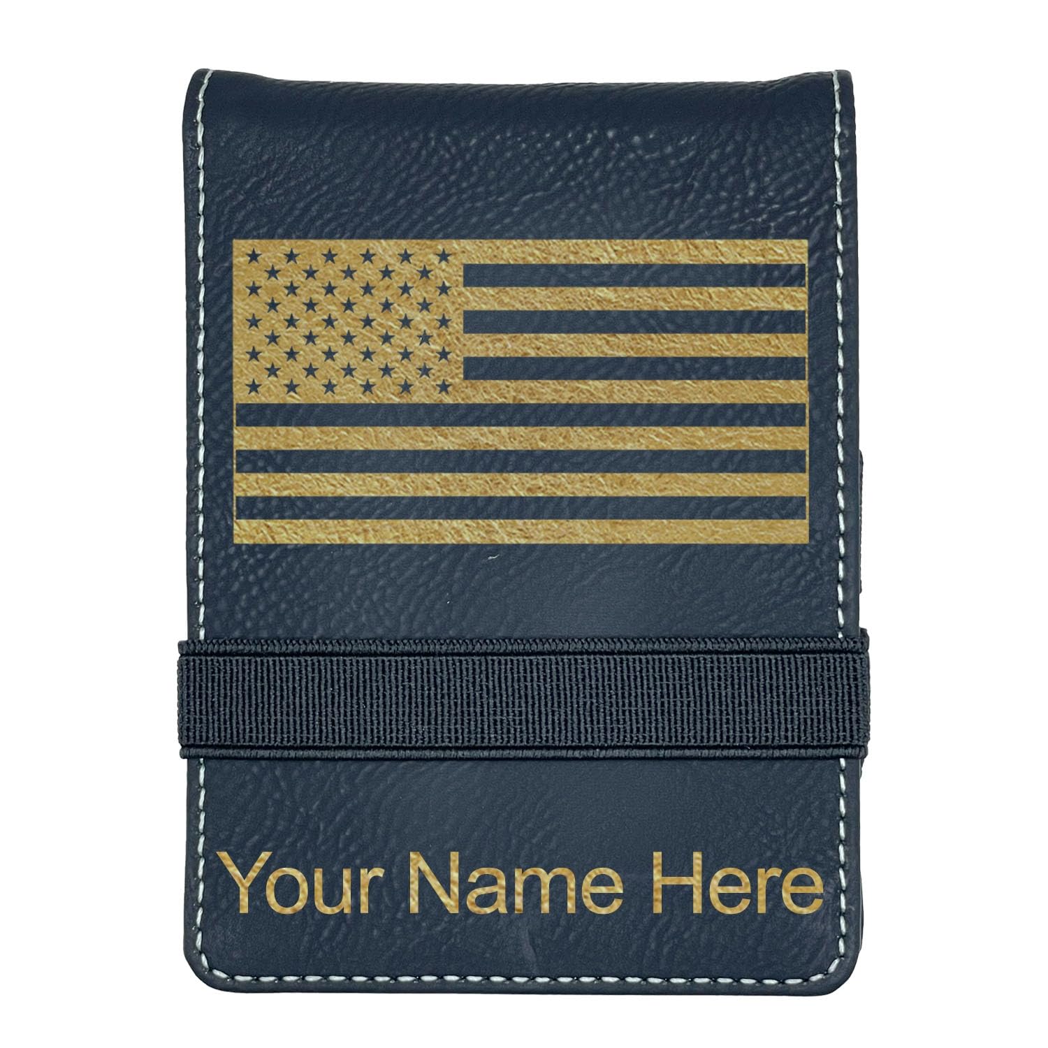 LaserGram Mini Padfolio with Notepad and Pen, Flag of The United States, Personalized Engraving Included (Black with Gold)