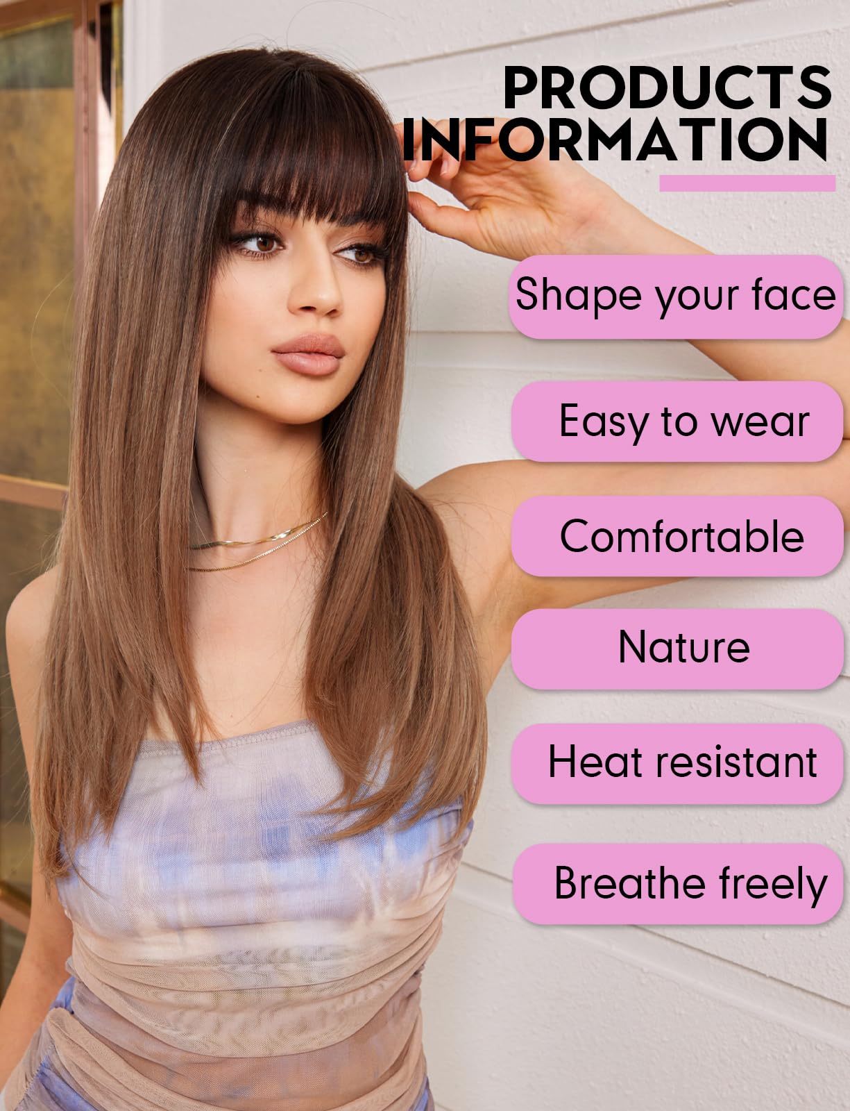 WOKESTAR Brown Wigs for Women Layered Straight Long Wig with Fringe, Ombre Brown, 25 inch - Image 2