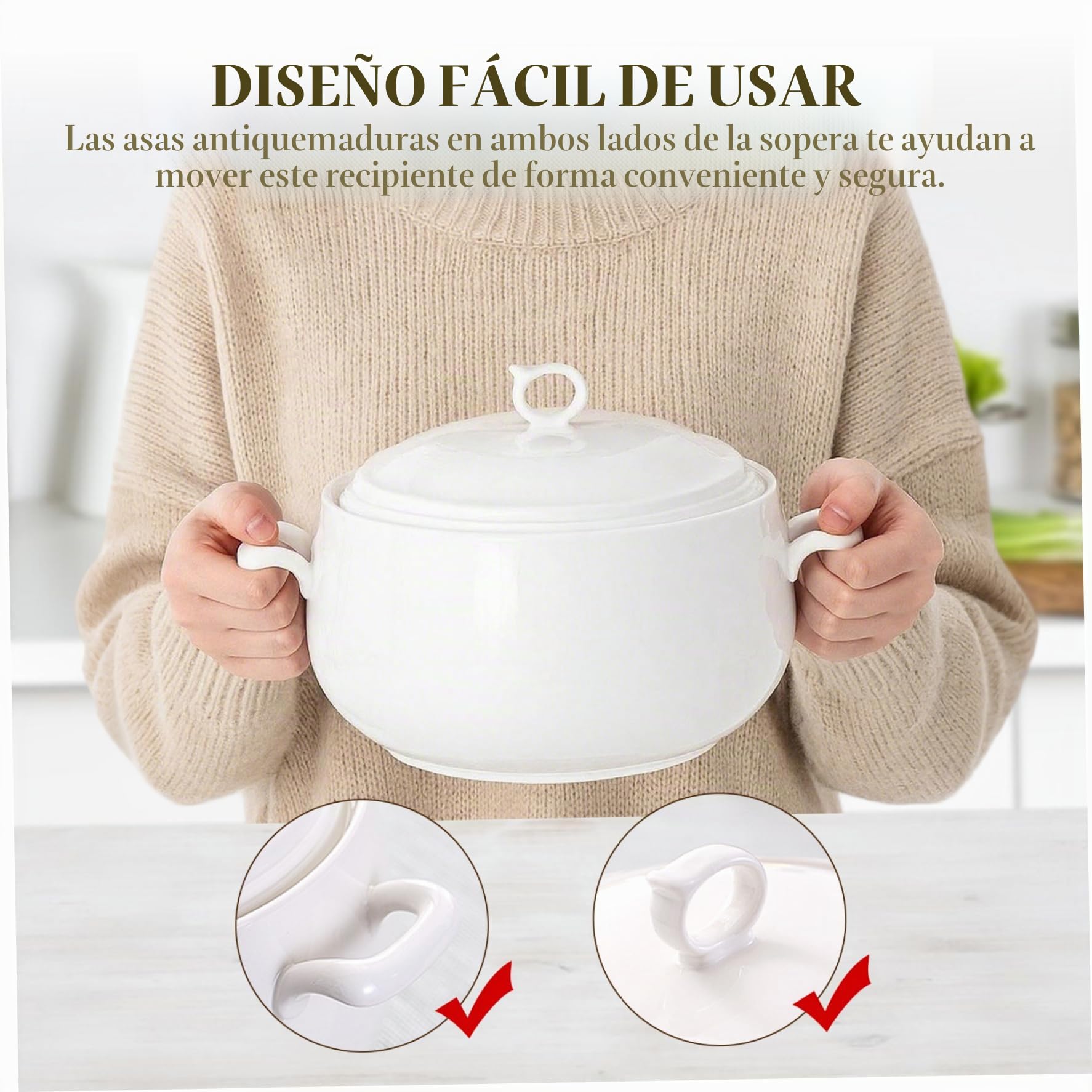 Sopa tureen 3000ml de cerámica redonda para servir tazones con tapas de sopa resistentes al calor con manijas seguros para microondas para la cocina del hogar del restaurante, con manijas