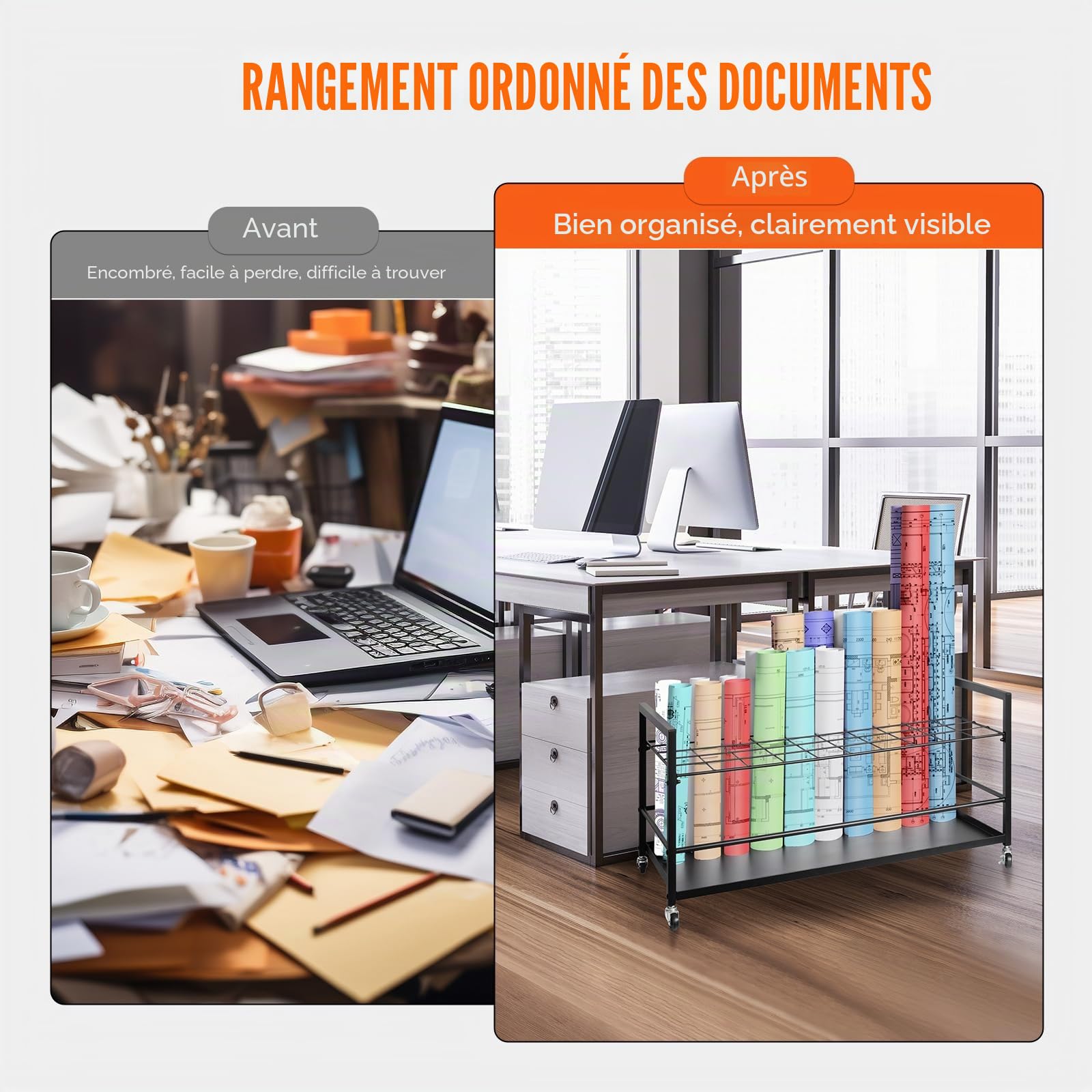 VEVOR Chariot de Rangement pour Plans de Construction Architecturale à 50 Emplacements, Support de Plans Mobile avec Roulettes, Meuble de Rangement pour Affiche de Carte, Fichiers en Rouleau, Bureau