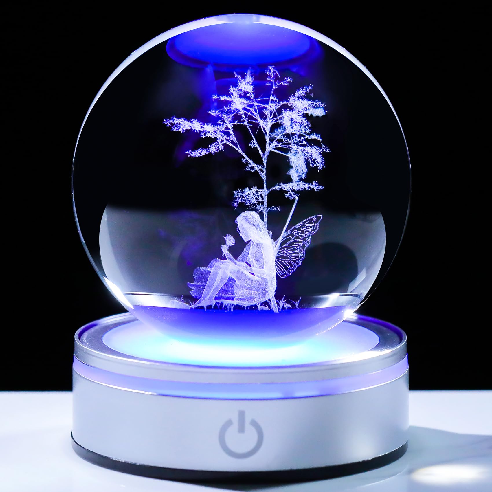 YWHL 3D Fairy Tree Figurine Crystal Ball with Colorful LED Base, Perfect Decorative Fairy Gift for Women Girls Glass Fairy Statue Snow Globe Sphere Paperweight Crafts Home Decor