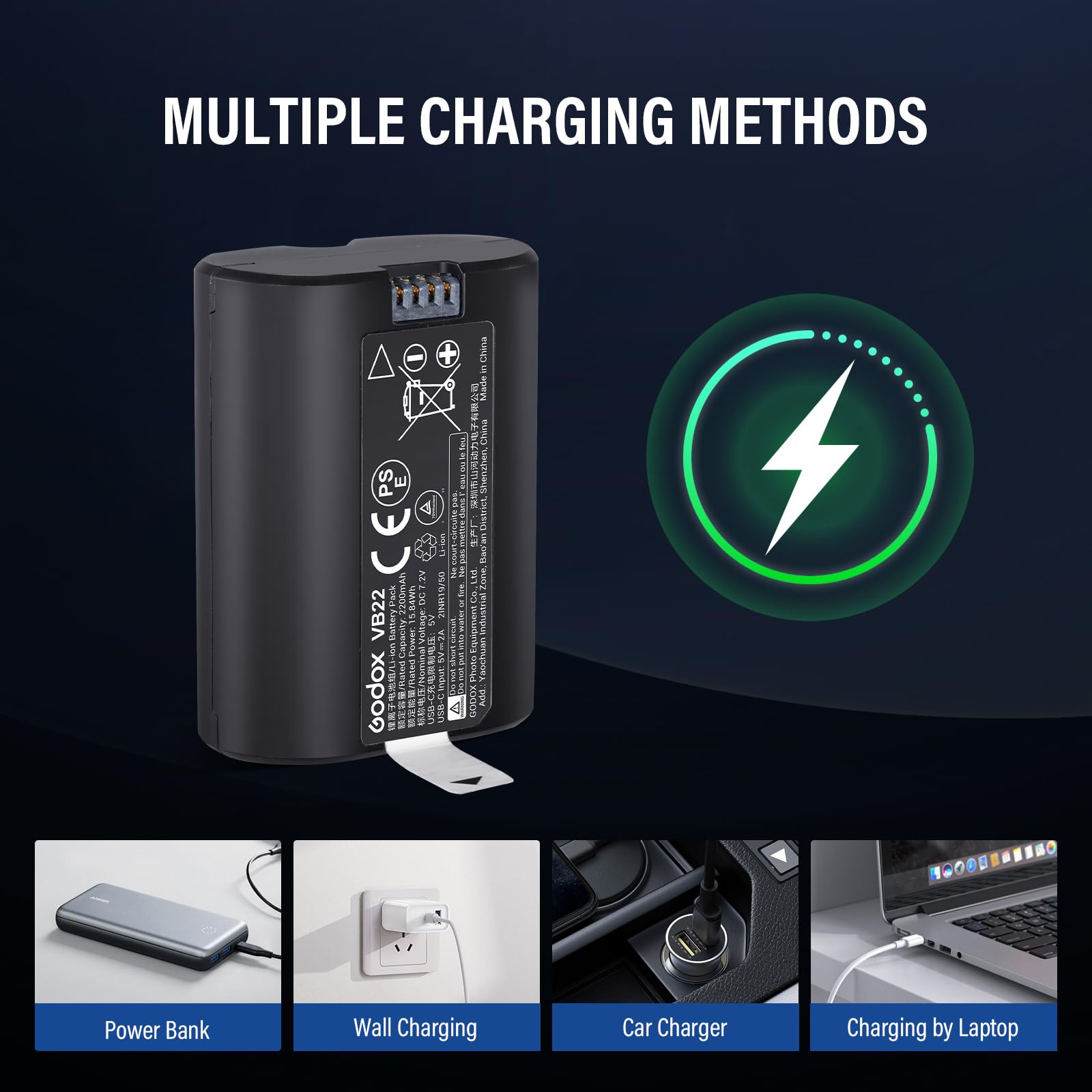 Godox Batteria al Litio VB22 Battery 7,2 V 2200 mAh compatibile con Flash Fotocamera V480 V350