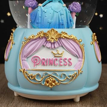 Princess Crystal Ball Musical Snow Globe Crystal Ball Dreamy Snowfall Music Box with Light& Melody Musical Christmas Birthday New Year Gift for Adult (Blue)