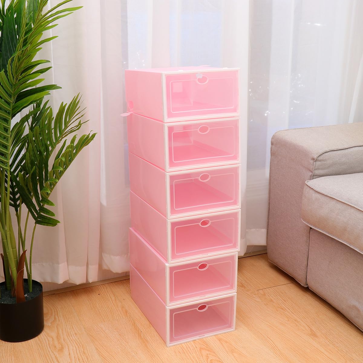 Scatole per Scarpe in Plastica Rosa Impilabili Trasparenti con Cornice Bianca, Organizer per 6 Paia di Scarpe, Design e Porta Trasparente per