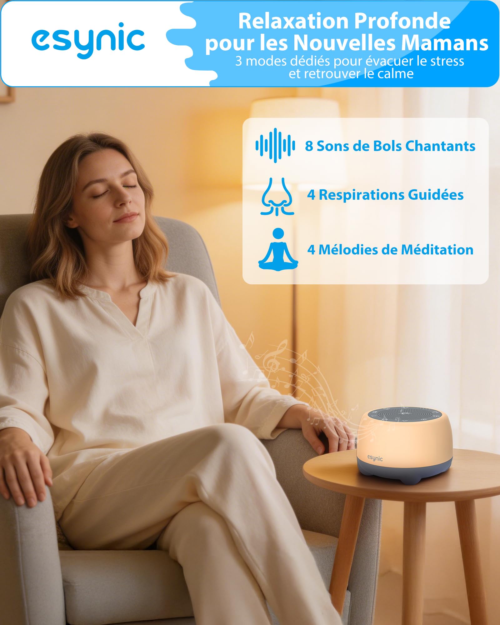 eSynic Machine à Bruit Blanc Bébés Adultes 38 Sons Apaisants Bol de Chantant Tibétain Rechargeable 8 Sons de Bol Volume Couleur Réglable Fonctions Mémoire Minuterie pour Sommeil Yoga Gestion du Stress