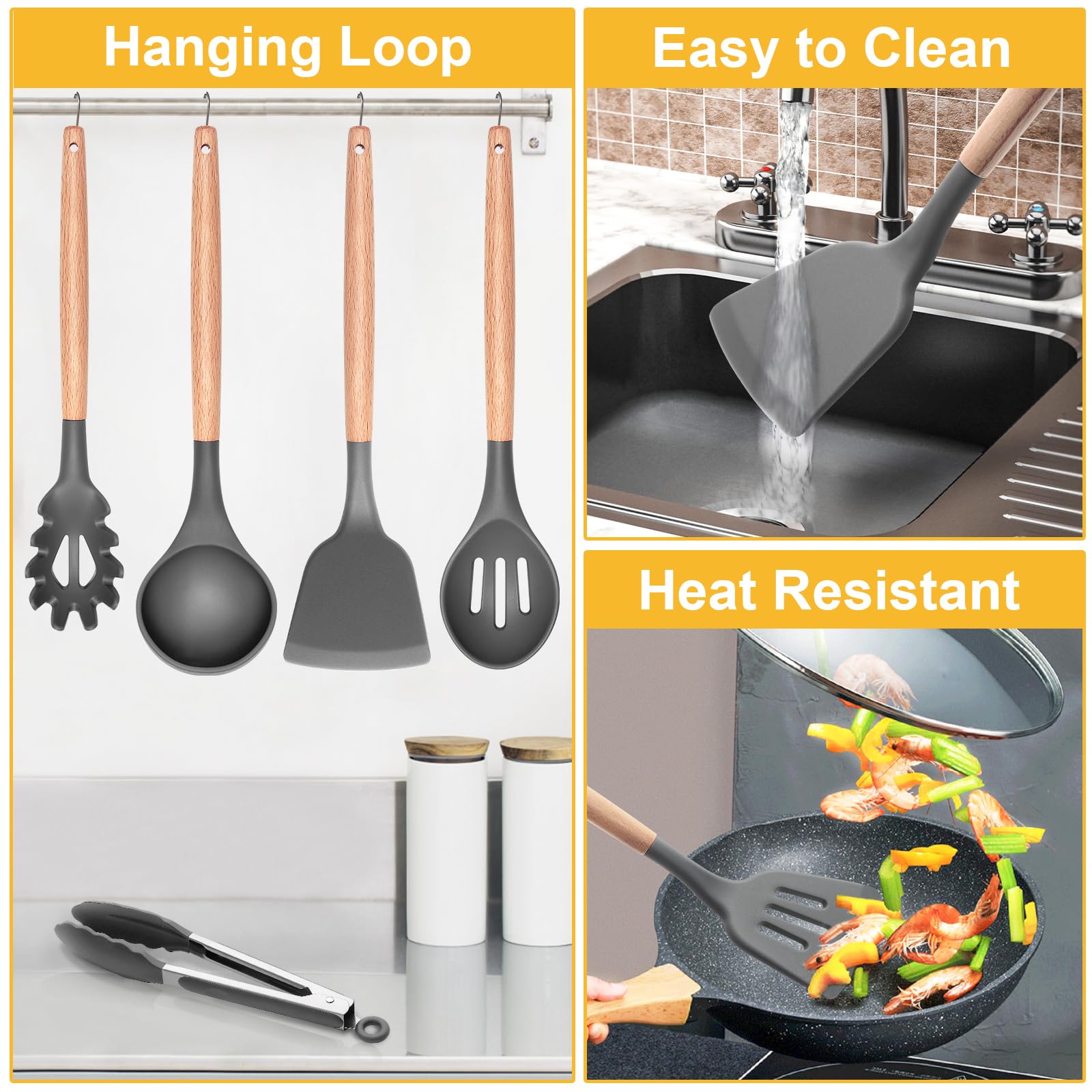 8 pezzi Set di utensili da cucina in silicone Pentola Pala Cucchiaio da zuppa Set da cucina con artiglio per spaghetti con portaoggetti Set di utensili da cucina per la casa