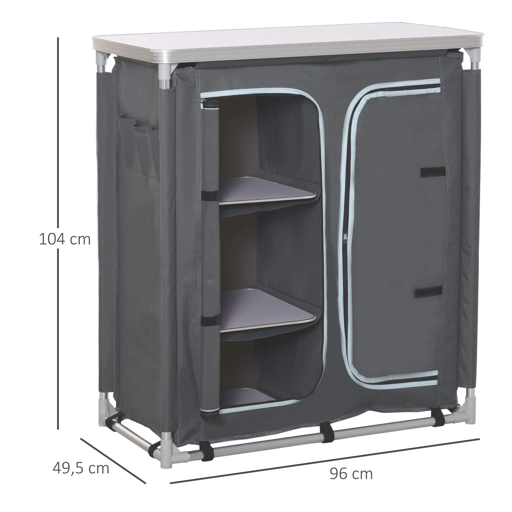 Outsunny Campingschrank Küchenbox tragbar mit Arbeitsplatte Tragetasche 3 Ablagen 1 Schrank 600D Oxford Stoff Grau 96 x 49,5 x 104 cm
