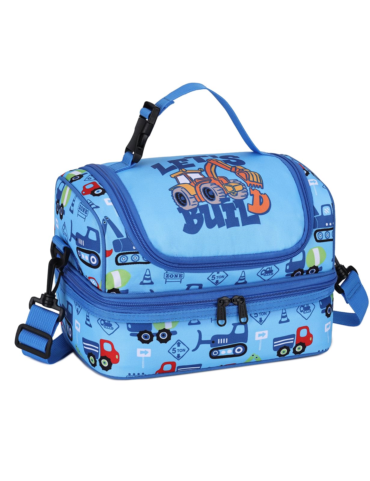 VASCHY Lunch Box Bag for Kids, Thermal Insulated Lunch Bag Double Decker Cooler Bags with Large Compartment and Shoulder Strap for School,Daycare,Kindergarten,Picnic, Construction Blue