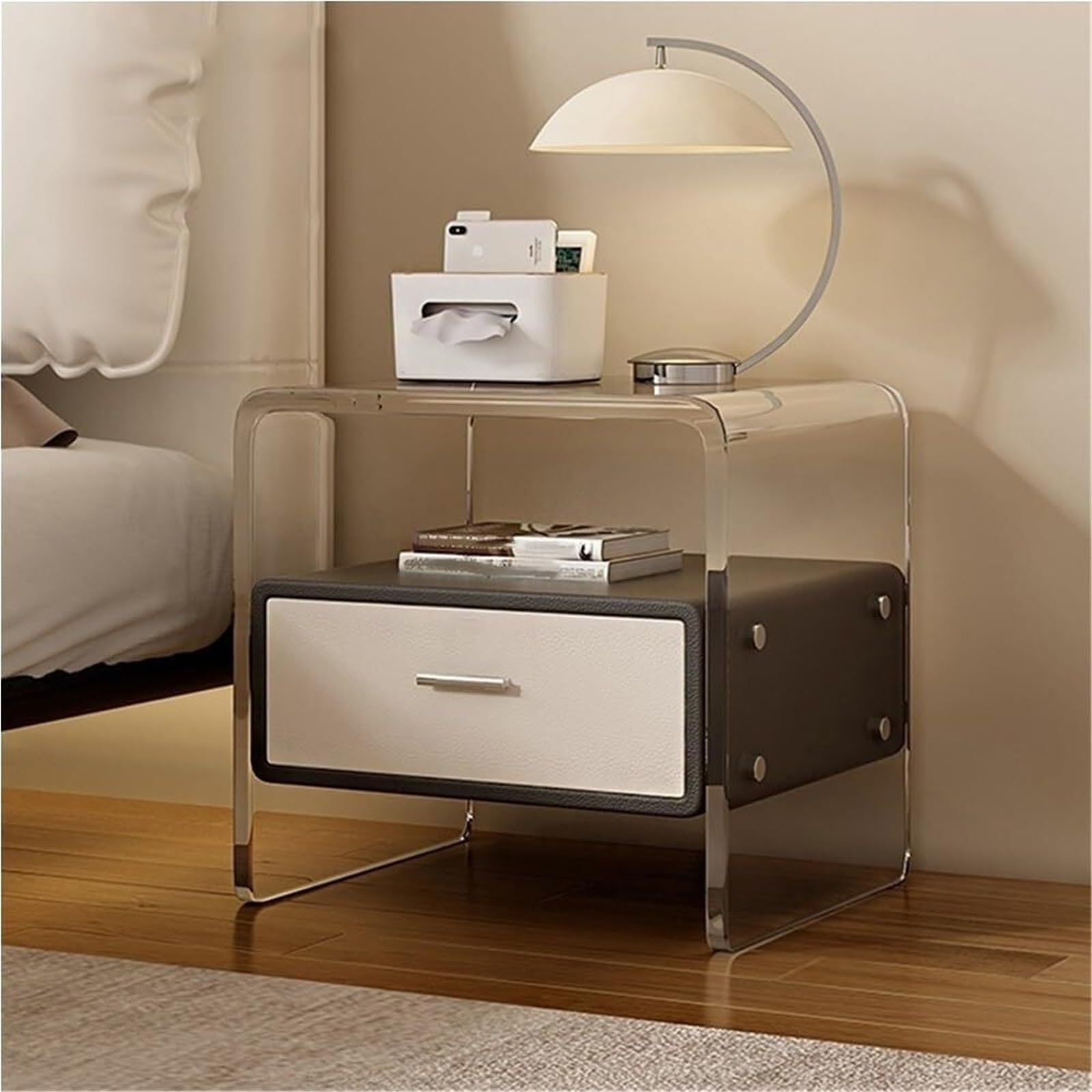SXZenSpace Minimalist Acrylic Nightstand with Leather Drawer Multifunctional End Table Storage Side for Living Room,Ideal Room