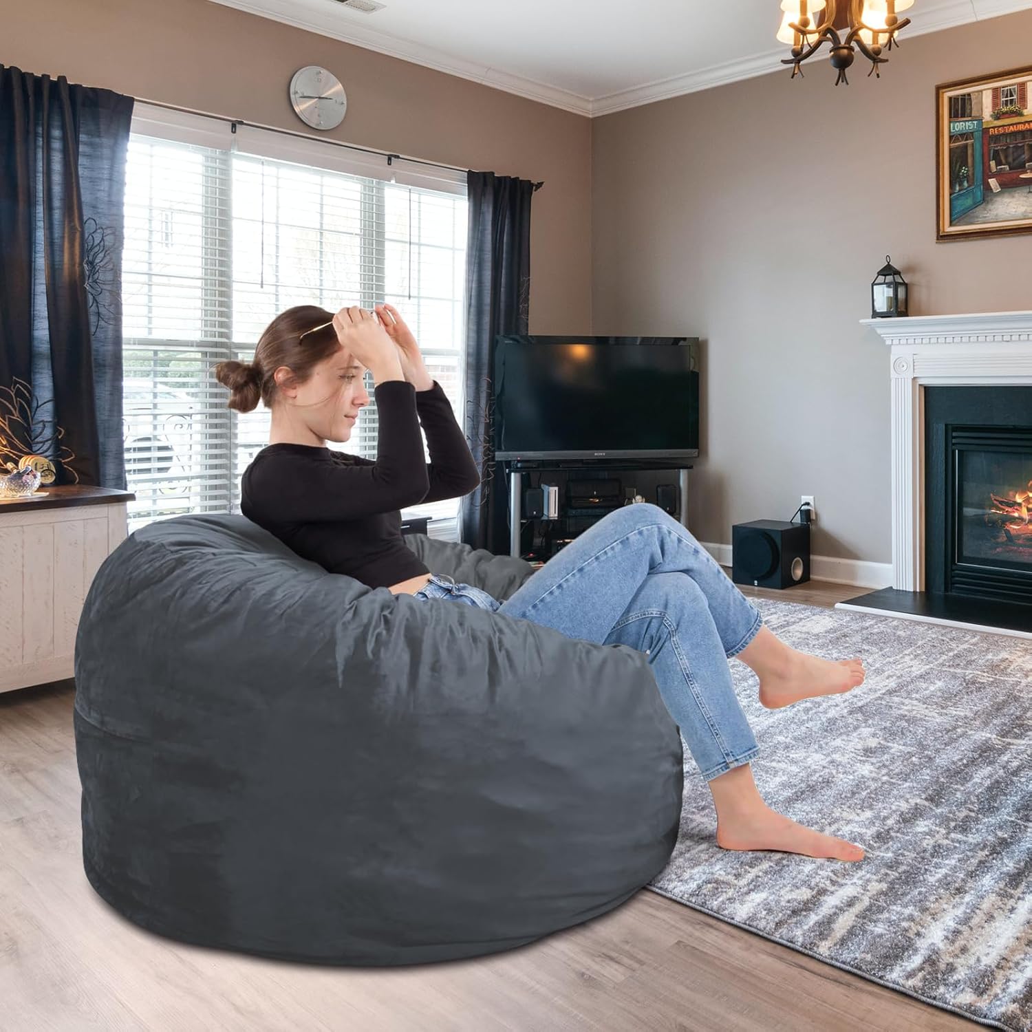 Bean Bag Chair 3Ft, Memory Foam Filled, Removable Velvet Cover, Bean Bag Chairs for Adults and Teens, Round Sofa Chair for Living Room, Bedroom and Gaming Room, Grey - Image 2