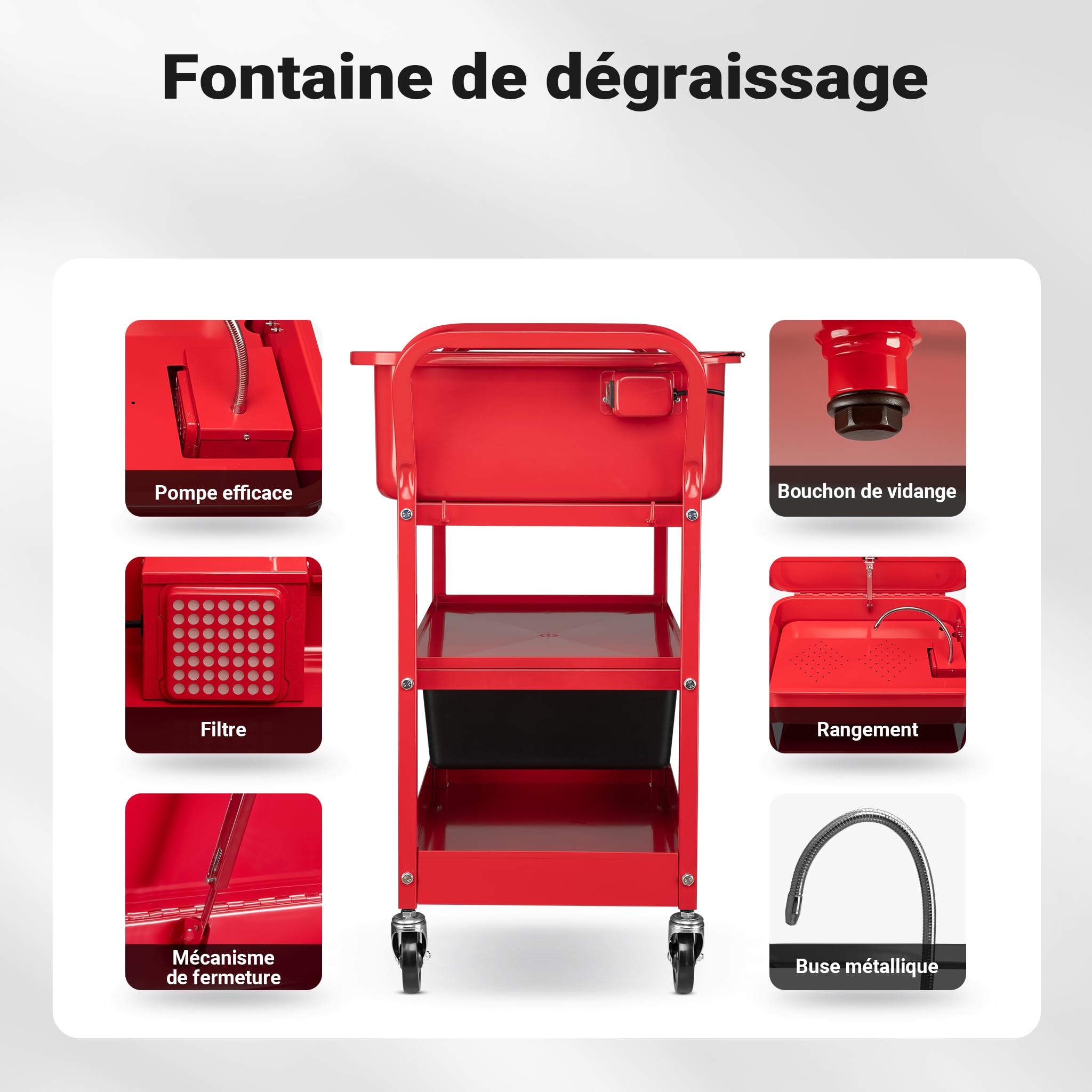 Wiltec Fontaine de dégraissage et nettoyage de pièces mécaniques – 711 x 483 x 208 mm – Bac de lavage 75,7 l avec pompe et chariot mobile – Garage Atelier