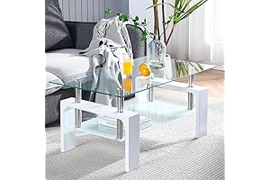 Elegant Living Room Rectangle Coffee Table with Glass Top and Lower Shelf