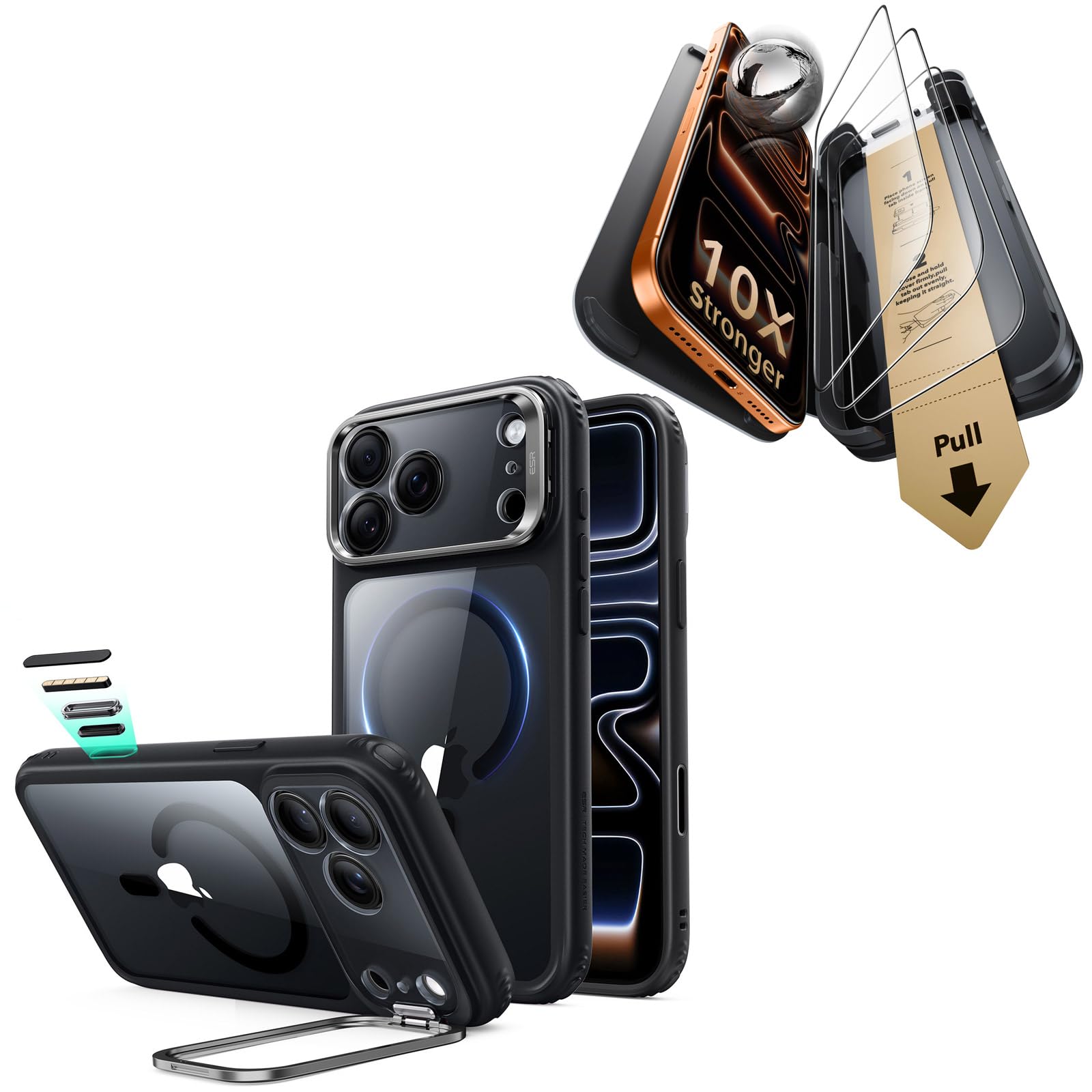 ESR Pack 3 Protector de Pantalla para iPhone 17 Pro Max, Armorite Pro, Funda Soporte Flex MagSafe para iPhone 17 Pro MAX, Negro Transparente