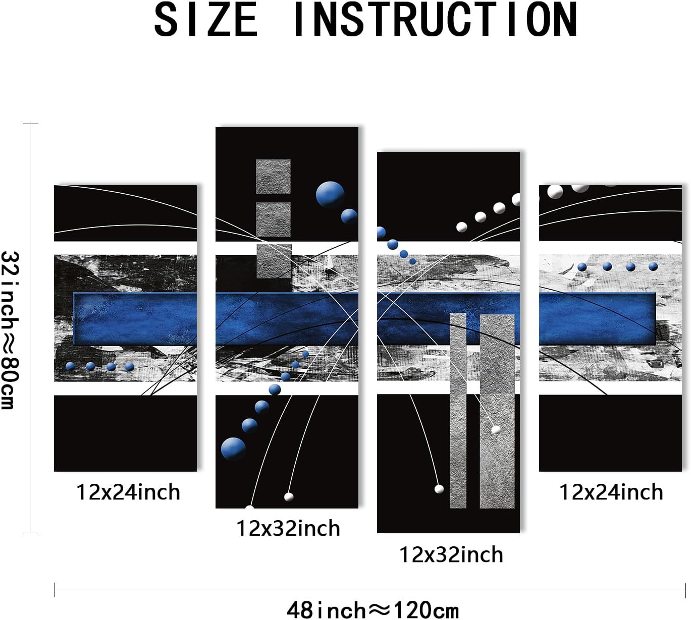 Modern Abstract Canvas Wall Art: Black and Blue Wall Decor - Grey White Decoration for Home Office, 4 Panels Poster Decorative Framed Print for Living Room Bedroom Ready to Hang