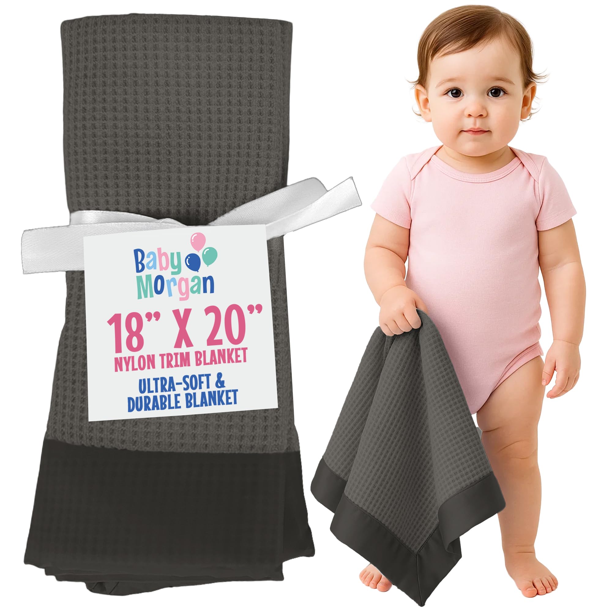Hochwertige Thermo-Babydecke mit Waffelmuster, kleine Decke für Neugeborene und Säuglinge, weiche Mini-Komfortdecke, ideal für Kinderwagen, Reisen und Kuscheln, grau, Nylonbesatz (45,7 x