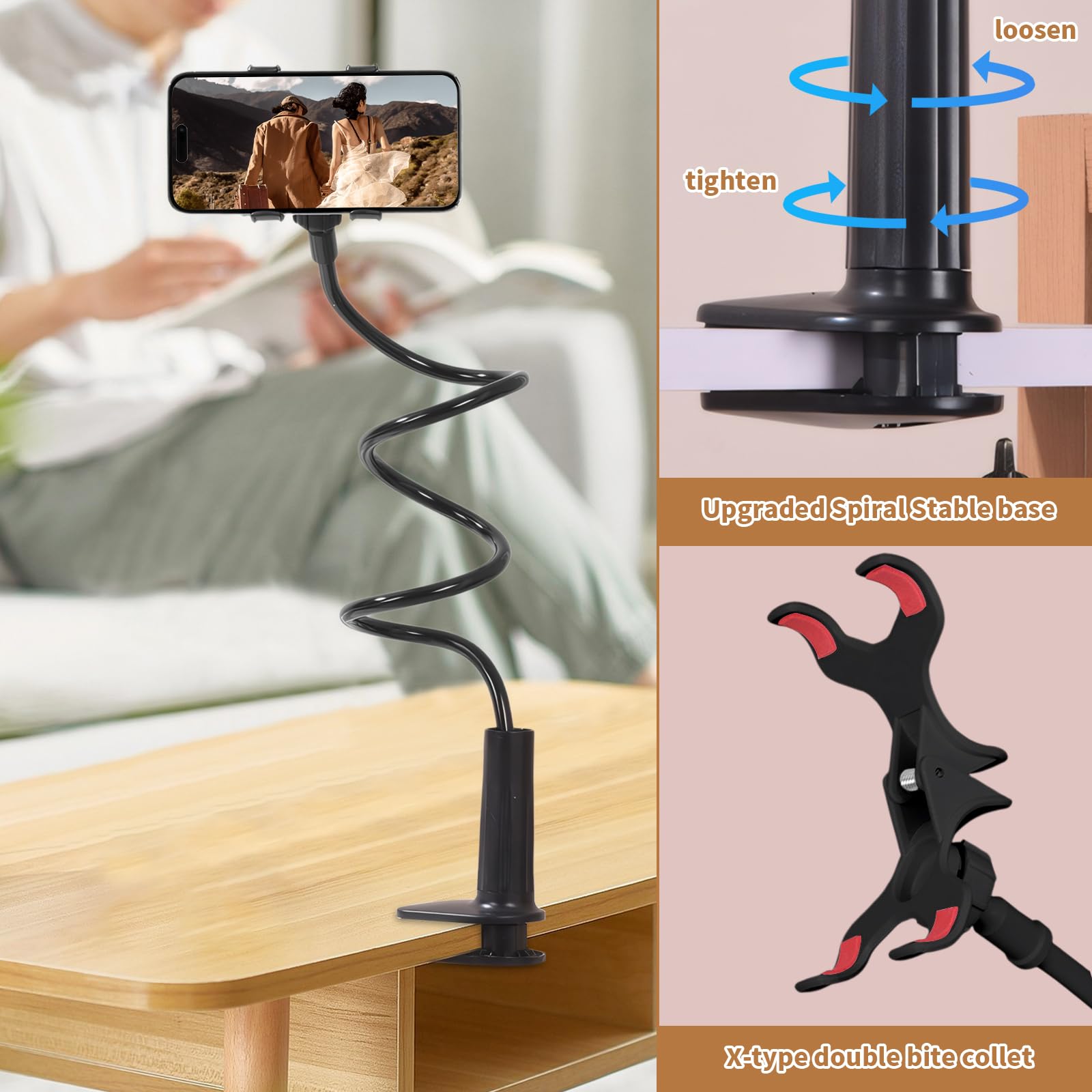 Support Téléphone pour Lit et Bureau, Flexible à Long Bras Porte Telephone Bureau Réglable 360°, Support Universel avec Pince pour pour Films et Appels (Blanc)