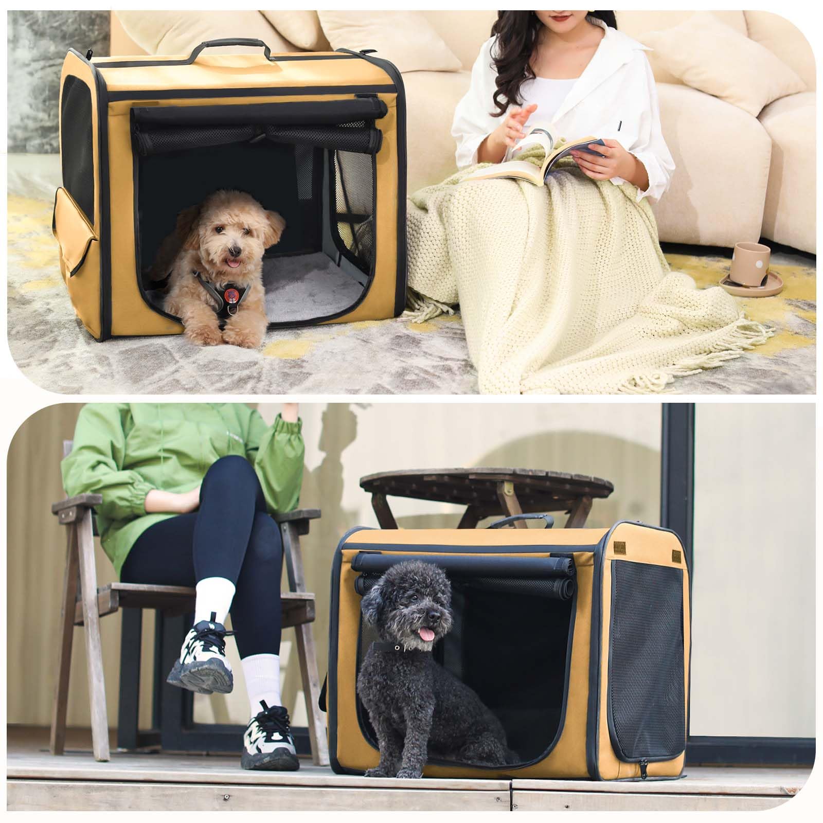 Pecute Transportin Gato Perro Plegable Jaula para Gatos Perros Casa de Gatos Perros con Cerradura y Correa de Seguridad Ajustable, Apto para Coches, Tiendas de Campaña para Mascotas, Caqui