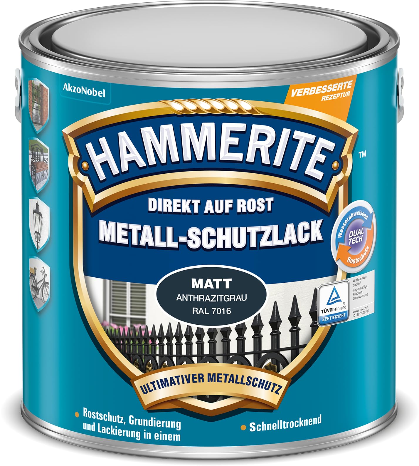 Hammerite Metallschutzlack Matt, 3in1- Rostschutz, Anthrazitgrau, 2,5 L