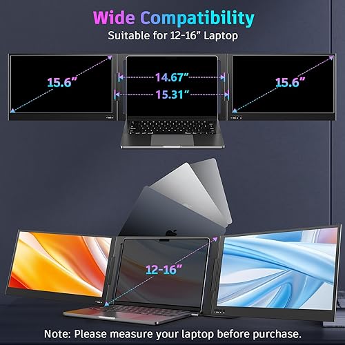 Miniatura 8 de QQH Extensor de pantalla para laptop, monitor portátil triple de 15.6 pulgadas para laptop con pantalla IPS FHD ultradelgada, pantalla extendida