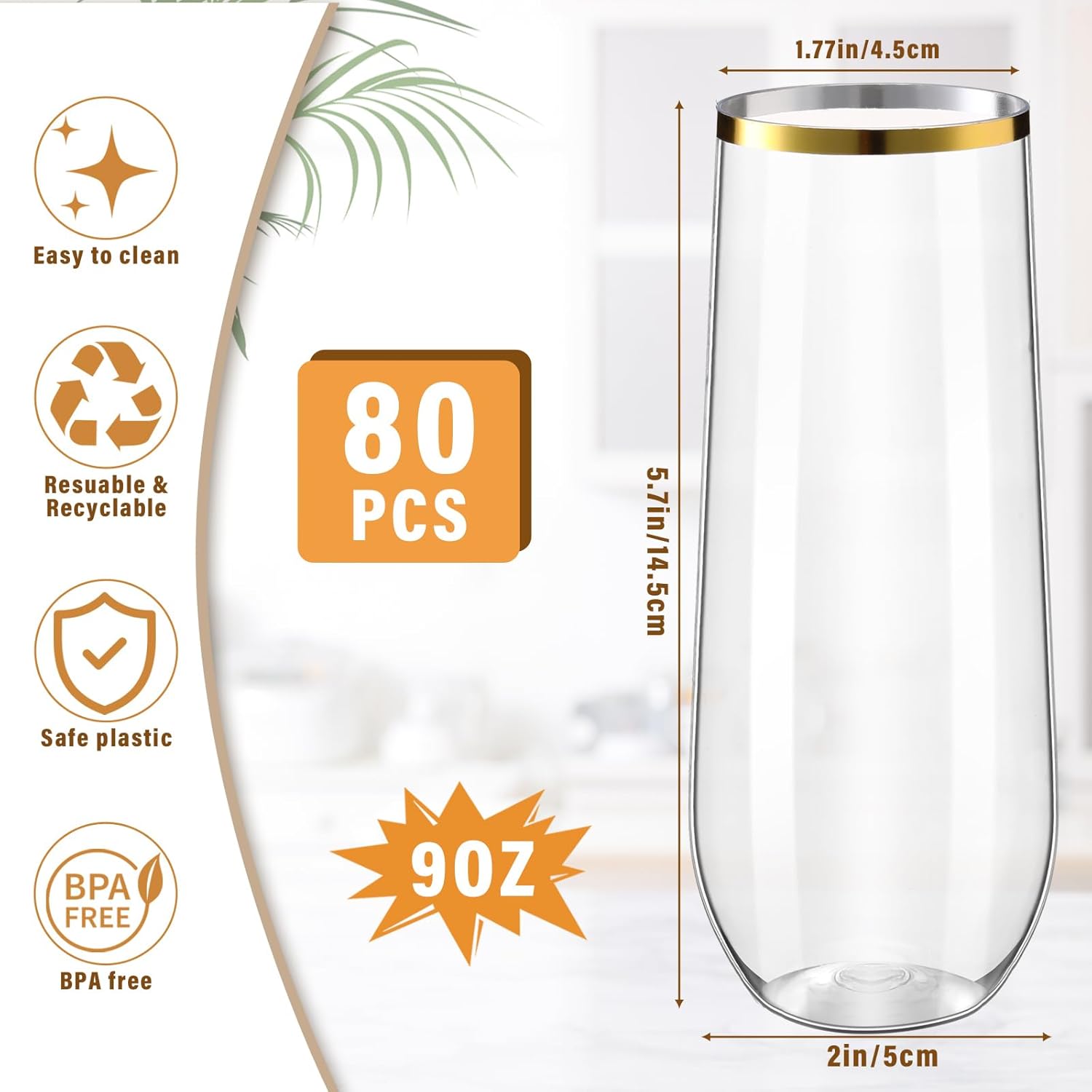 Tessco 80 Pcs Plastic Champagne Flutes 9 oz Plastic Wine Glasses Champagne Cups Unbreakable Toasting Glasses for Drinking Cocktail Christmas Party Wedding Shower Birthday (Gold Rim)