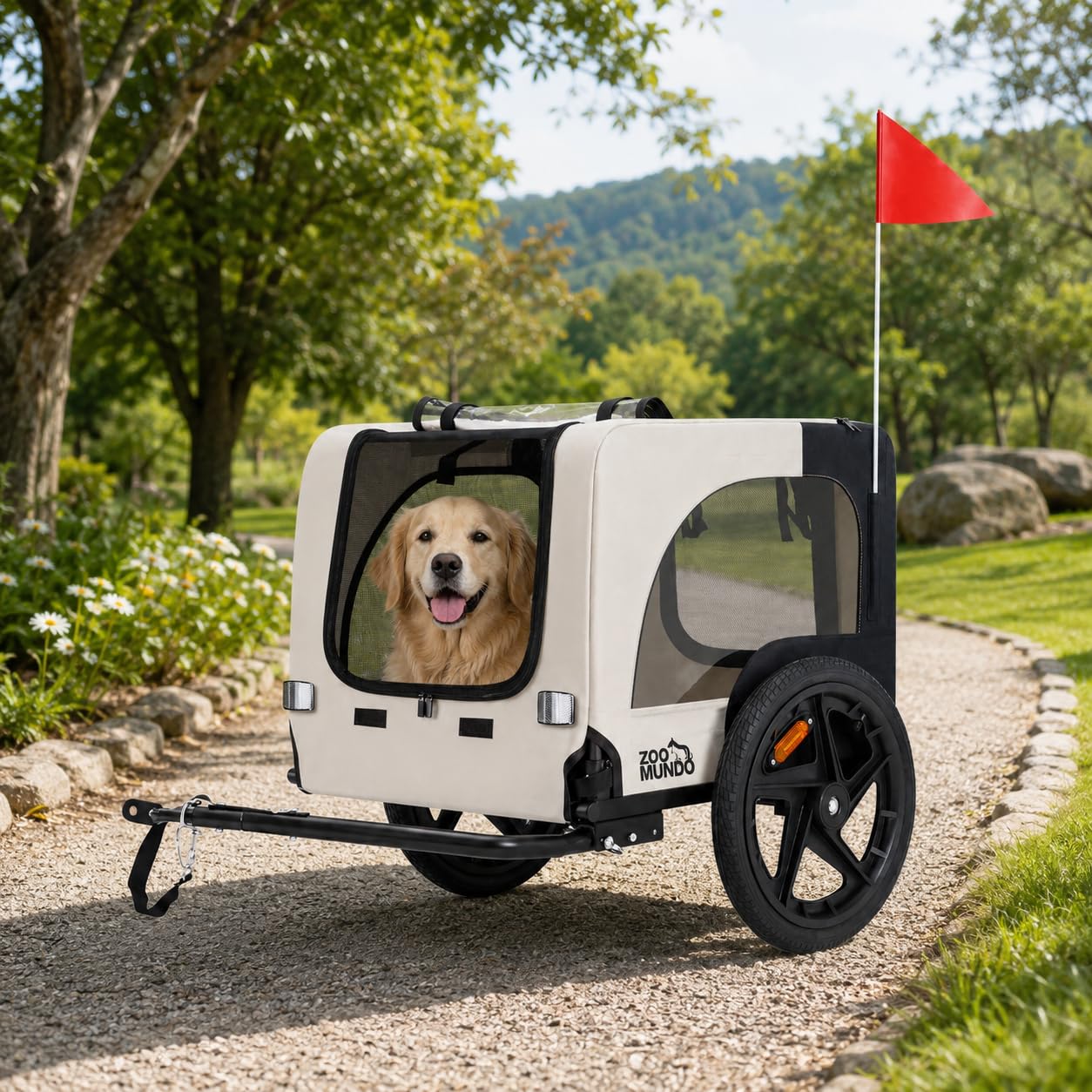 zoomundo Fahrradanhänger Hundeanhänger Transport - Jacky in Beige/Schwarz | Stabiler Hundeanhänger mit 15-Zoll-Luftreifen, 40 kg Zuladung, Regenschutz, Fliegengitter & klappbarem Rahmen.