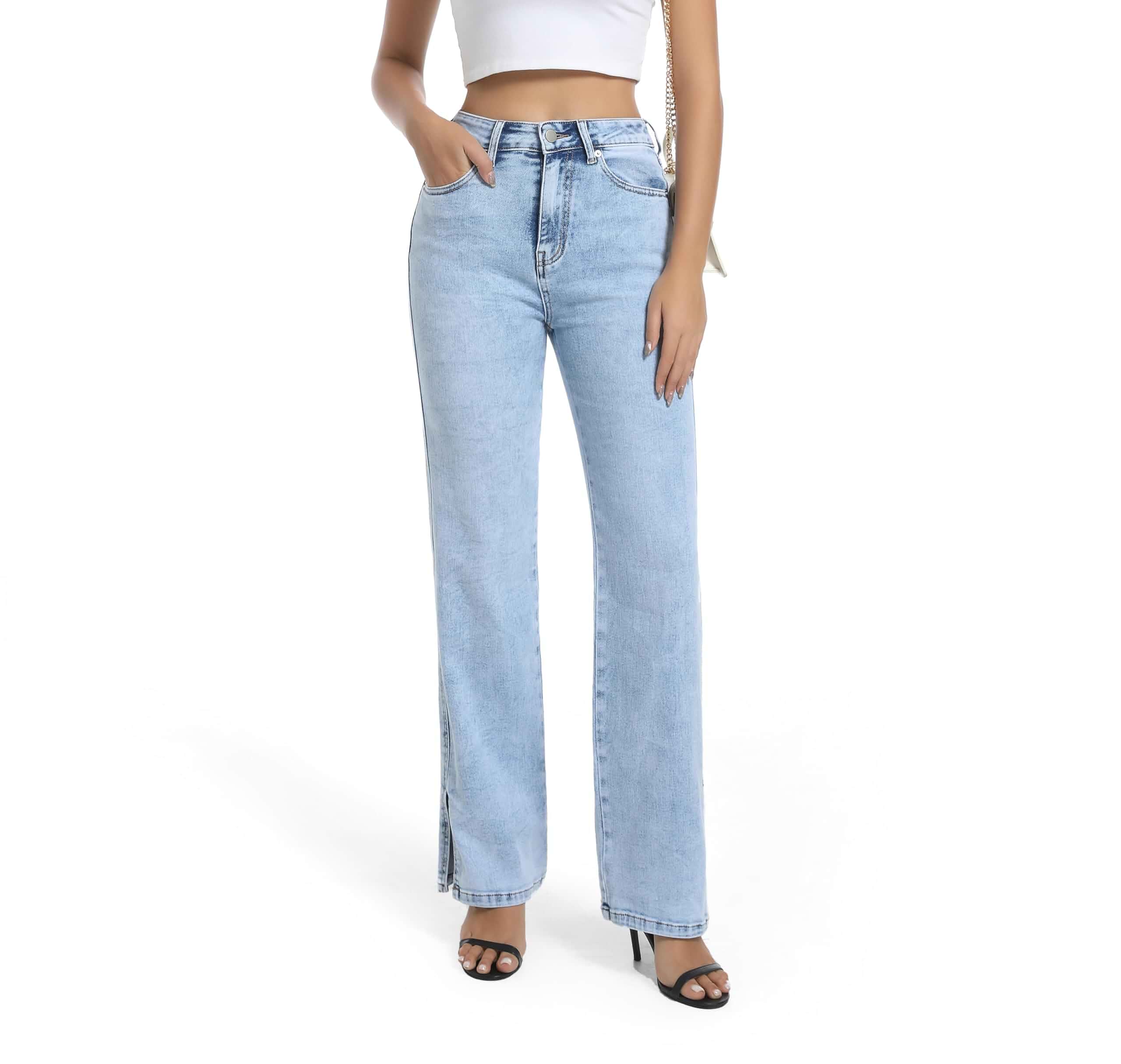 Womens Jeans High Waisted Stretchy Straight Leg Split Hem Jeans for Women Trendy Classic Denim Jeans · Regular