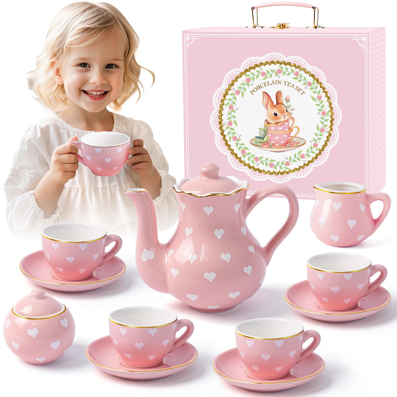 TUZT Tea Party Set for Little Girls Ages 3-8, Pink Heart Porcelain Tea Set with Gold Trim Edges, Princess Tea Time Toy Includes Pot & Cups & Saucers & Suitcase, Birthday Gifts for Toddlers Girls