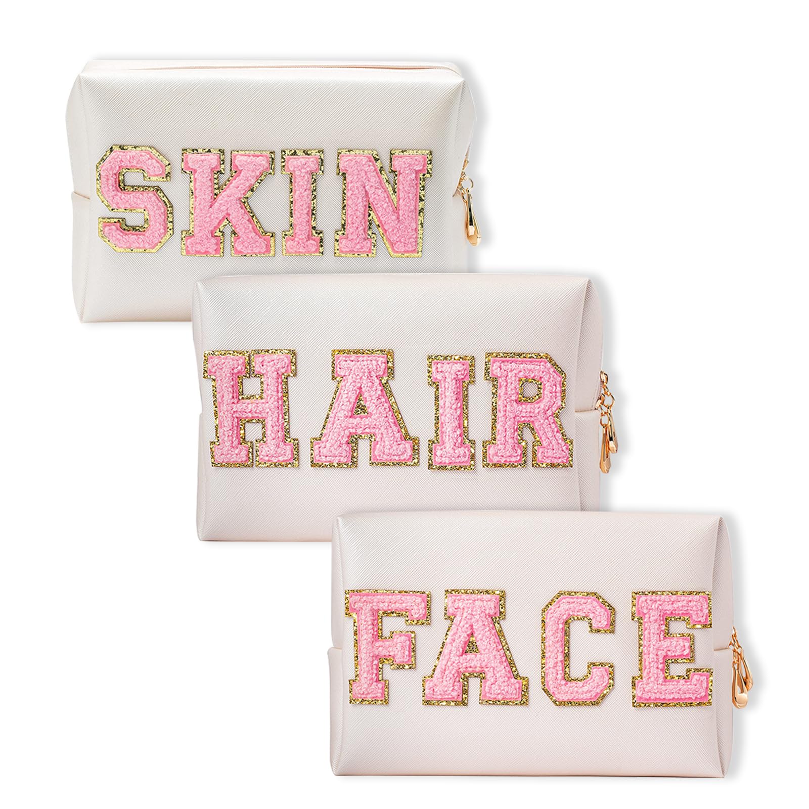 Chenille Letter Patch Cosmetic Bag - Portable, Waterproof Makeup Organizer for Teenage Girls, Creamy White