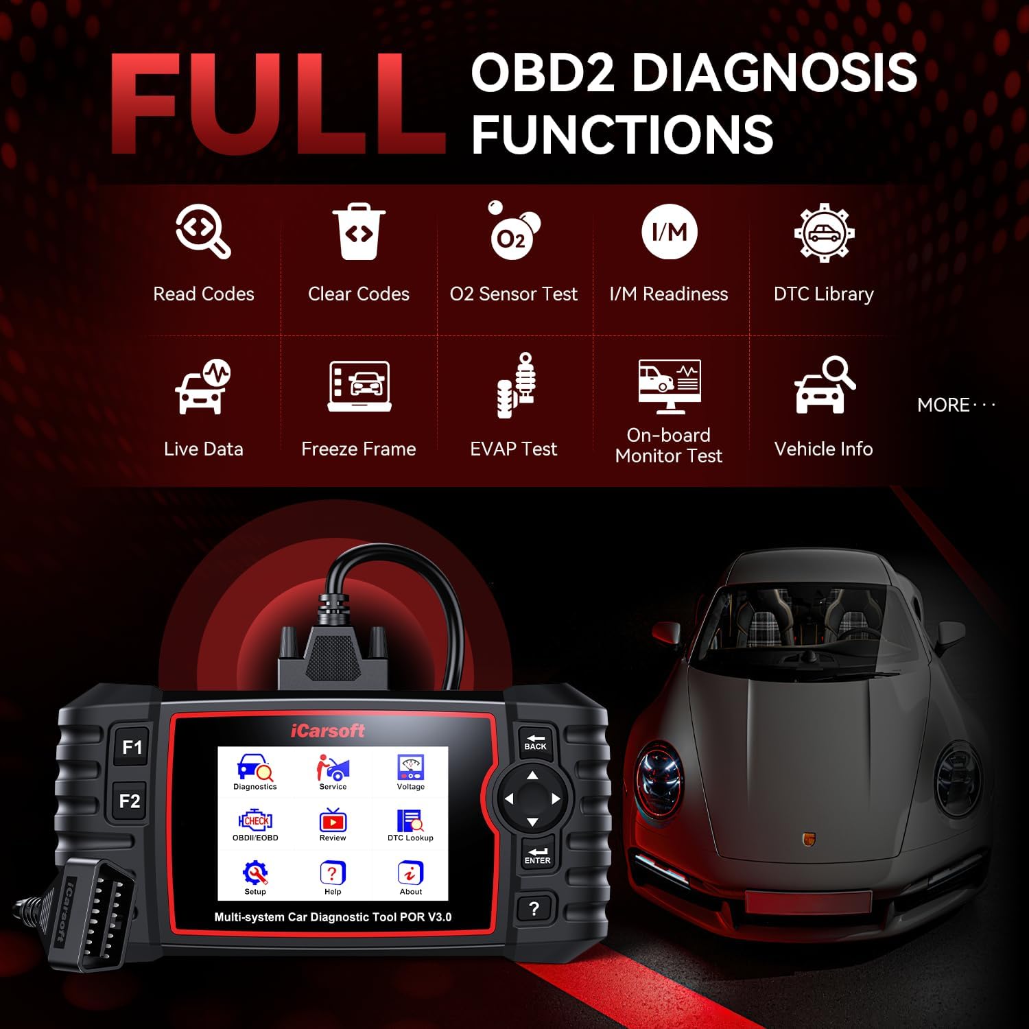Bidirectional Diagnostic Tool for Porsche/BMW, iCarsoft POR V3.0 (Enhanced Ver) All System 12 Calibration+ 27 Reset Servics OBD2 Scanner Code Reader for Porsche,16 Reset +ECU Coding for BMW, Auto VIN