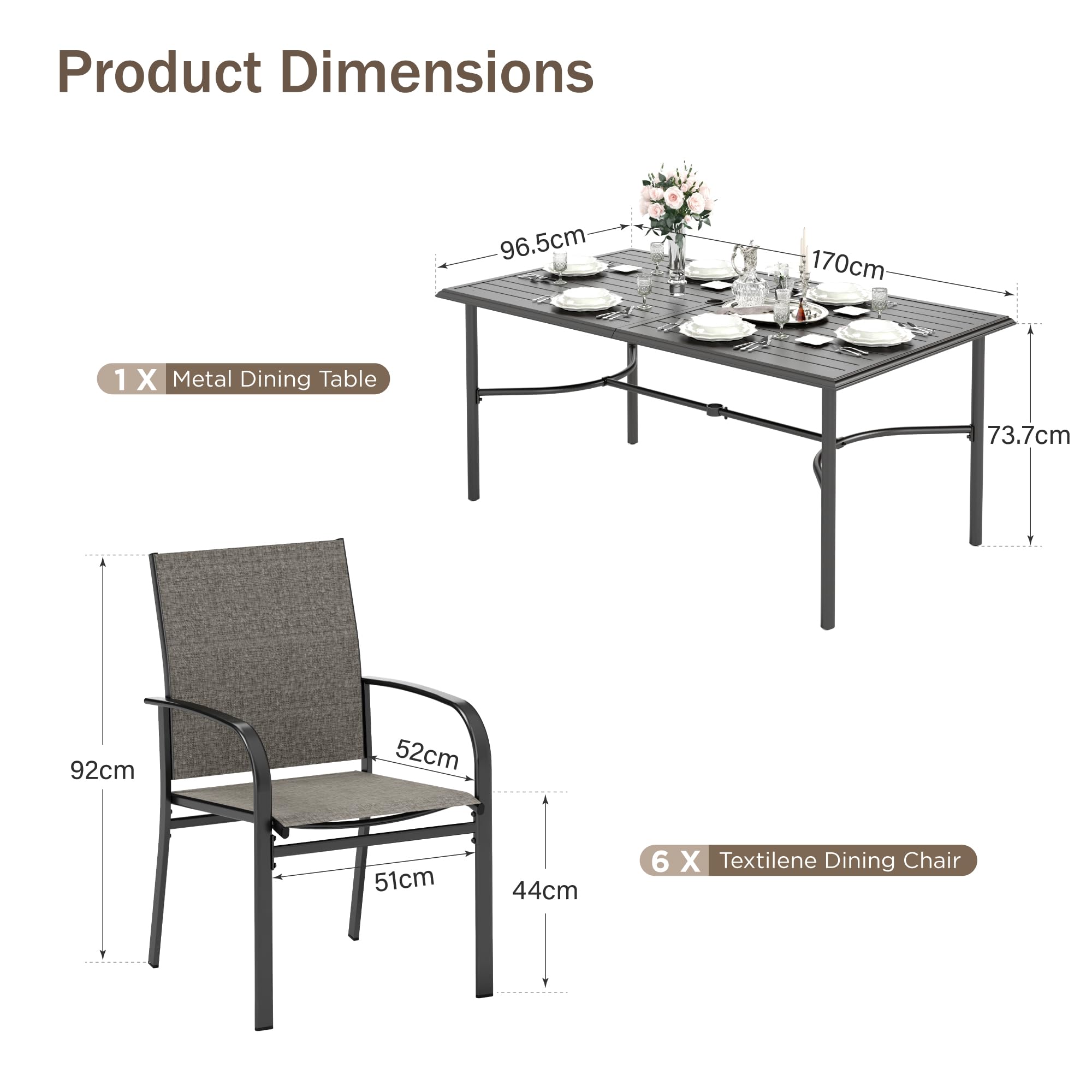 PHI VILLA Gartentisch mit Stühlen Garten Sitzgruppe mit 6 x Braune Textilene-Esszimmerstühle Schwarzer Rechteckiger Metall-Esstisch für Terrasse, Deck, Hof, Bistro