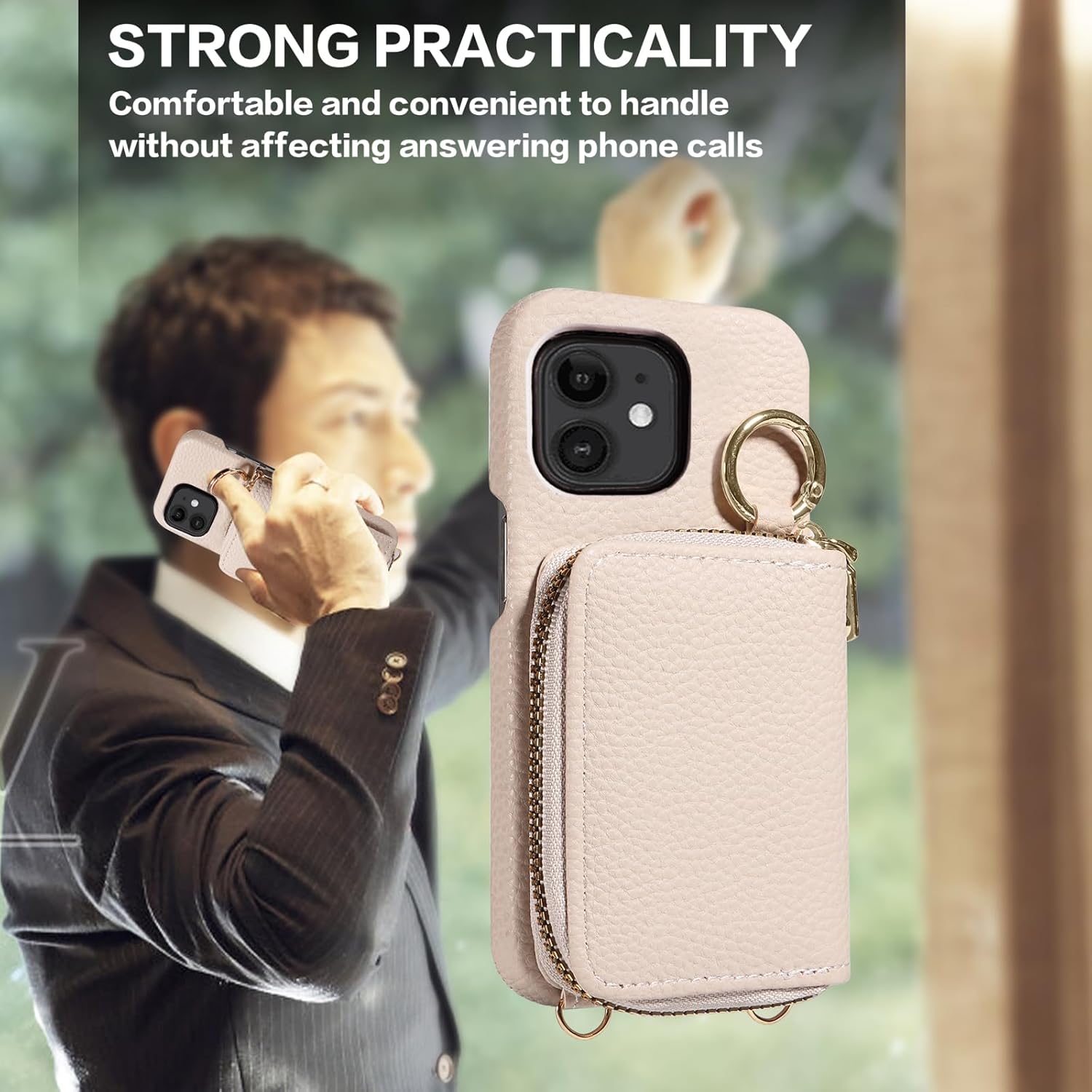 Wallet Case for iPhone 12 Mini 5.4 with Shoulder Strap Ring Buckle, Luxury PU Leather Zipper Flip Organ Purse, Card Holder Stand Cell Phone Cover for iPhone12mini 5G i 12s iPhone12 12mini White