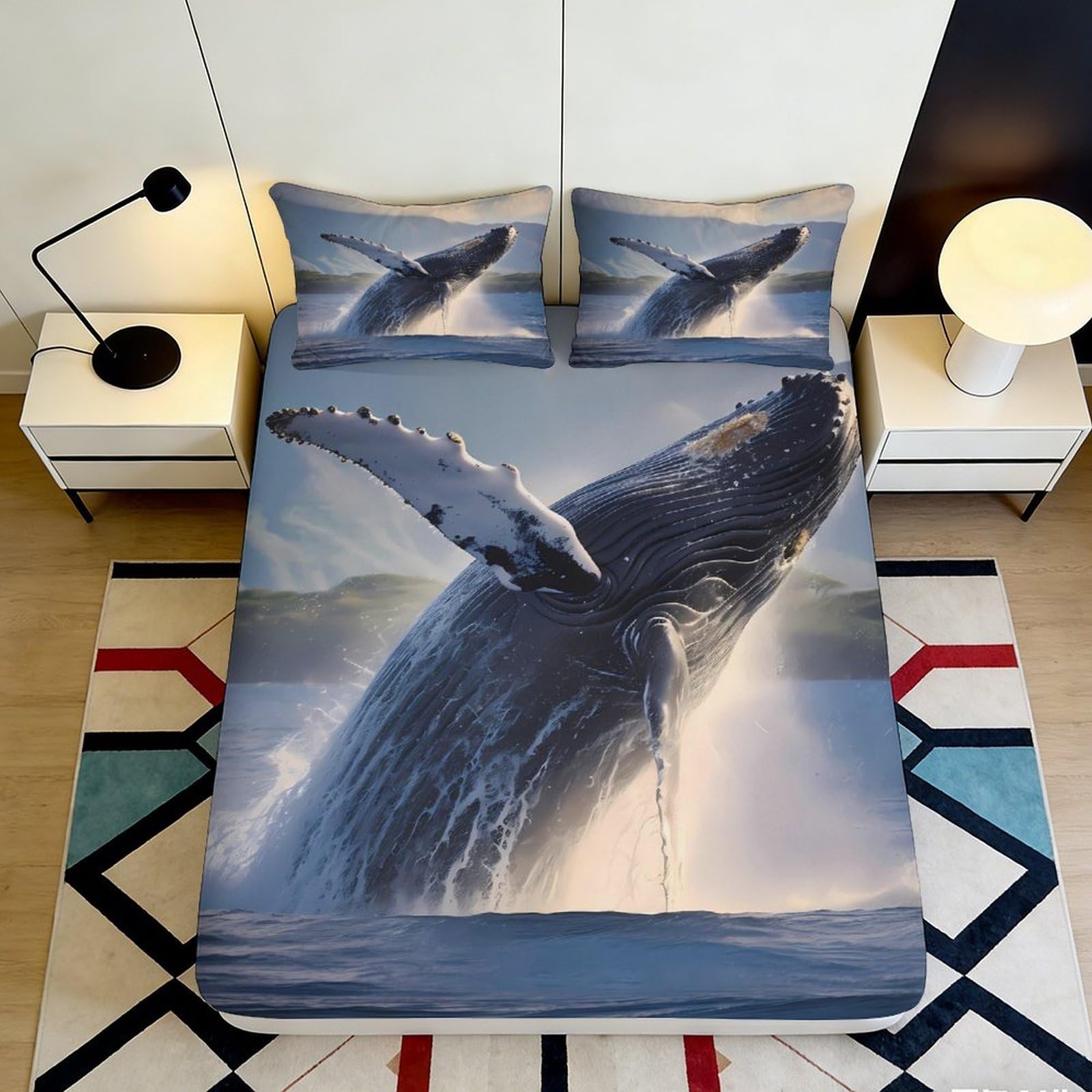 3D Printed Whale Fitted Sheet Microfiber Deep Pocket Bedroom Bedding Whale Mattress Fitted Cover Non-Slip Full Wrap Washable 200x200x25cm