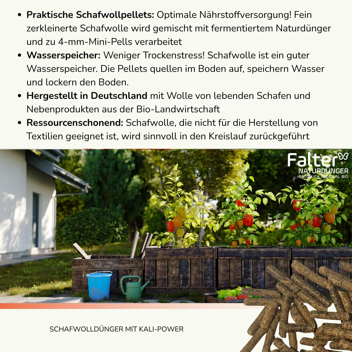 Falter BIO Schafwolldünger mit KALI-Power 20 kg - Gemüse- & Hochbeetdünger und zum Pflanzen von Hecken und Rosen