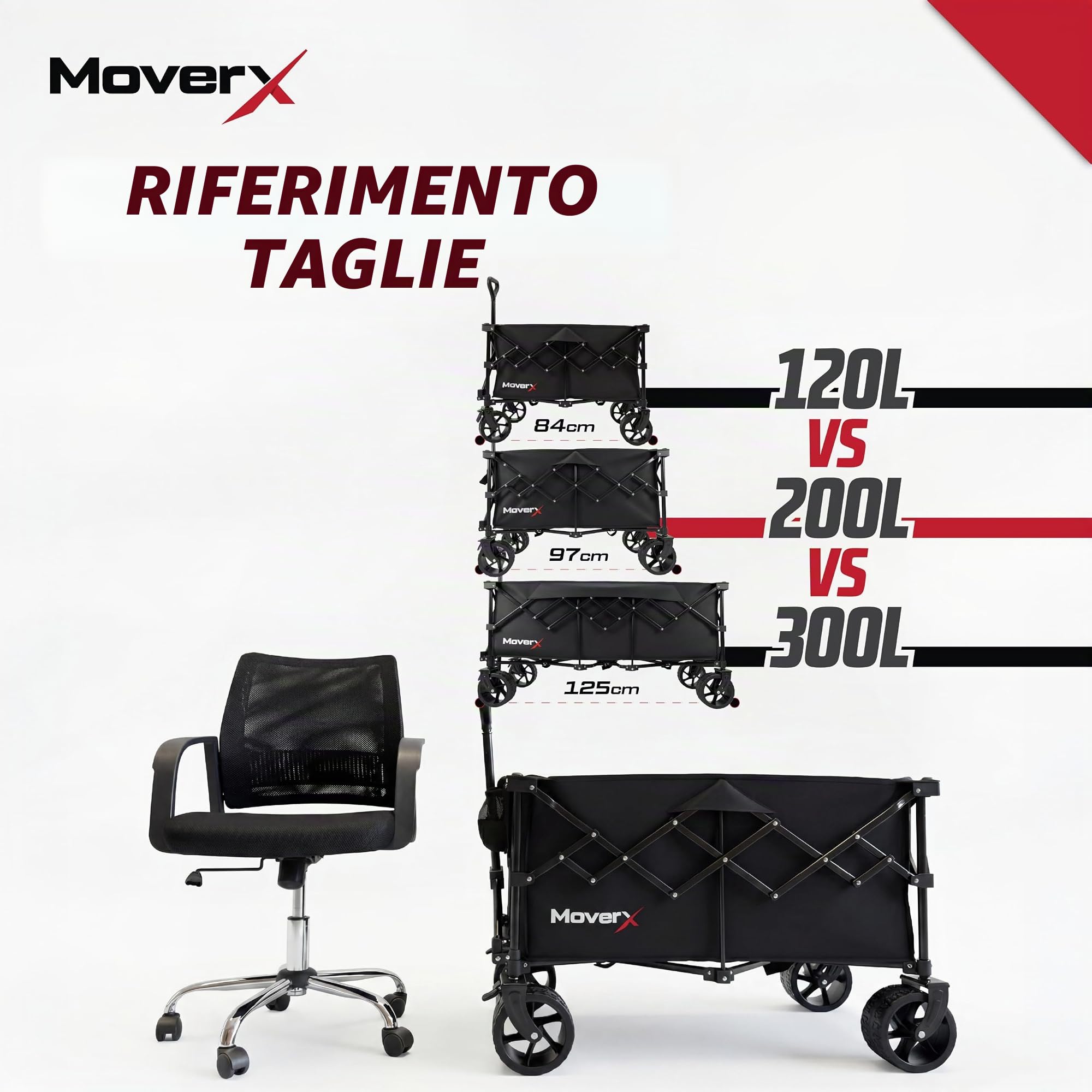 MoverX Carrello da 200 litri, pieghevole, portatile, per campeggio, spiaggia, giardino, picnic, shopping, pesca, ruote larghe, manico regolabile, nero