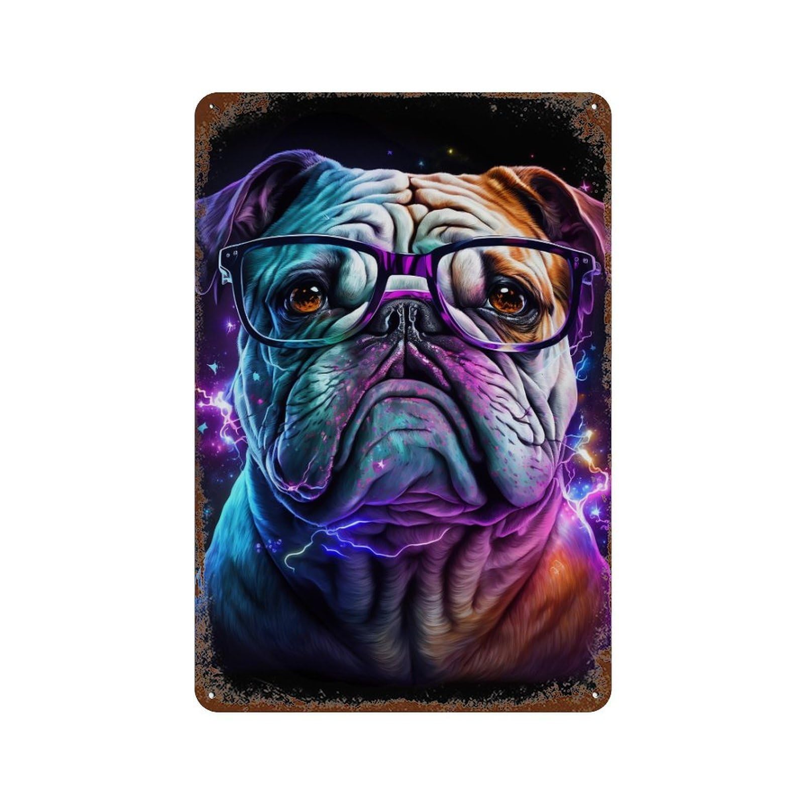 Colorful Bulldog with Glasses Art Print Aged Metal Wall Plaque 11.8"x7.9", Classic Wall Plaque for Garage, Pub Or Kitchen