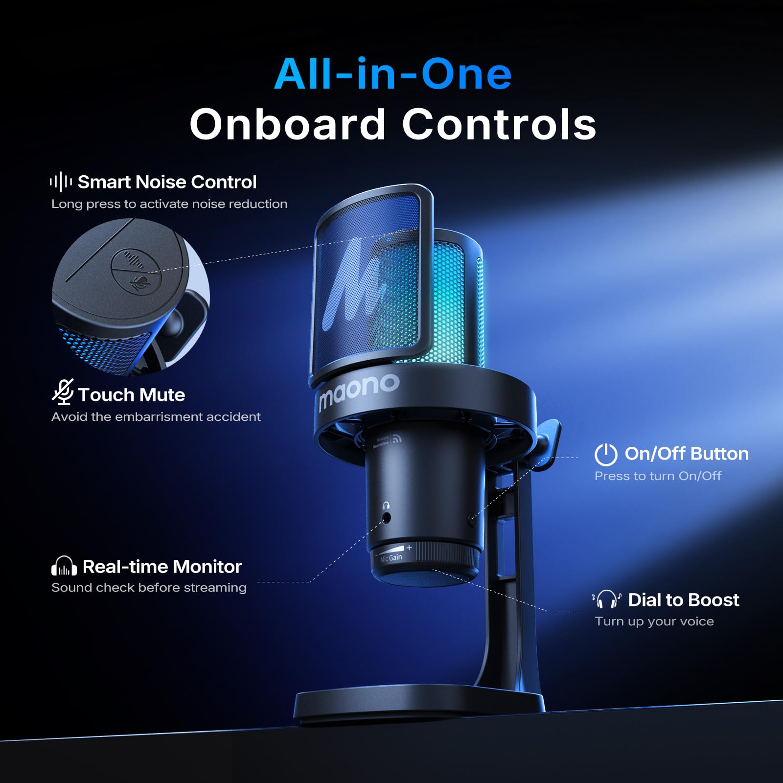 MAONO DGM20WS Wireless Mikrofon für PC, USB Mikrofon mit Mikrofonarm für Gaming & Streaming, Touch-Geräuschunterdrückung, Schnell-Stummschaltung, Gain-Regelung, RGB, Mikrofon für PS5, Twitch & Discord