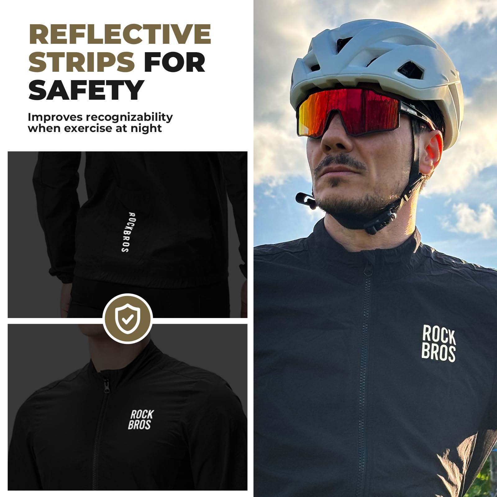 ROCKBROS Veste Homme Cycliste Respirante Séchage avec Protection Menton, Manches Longues, Noir/Marron M-4XL